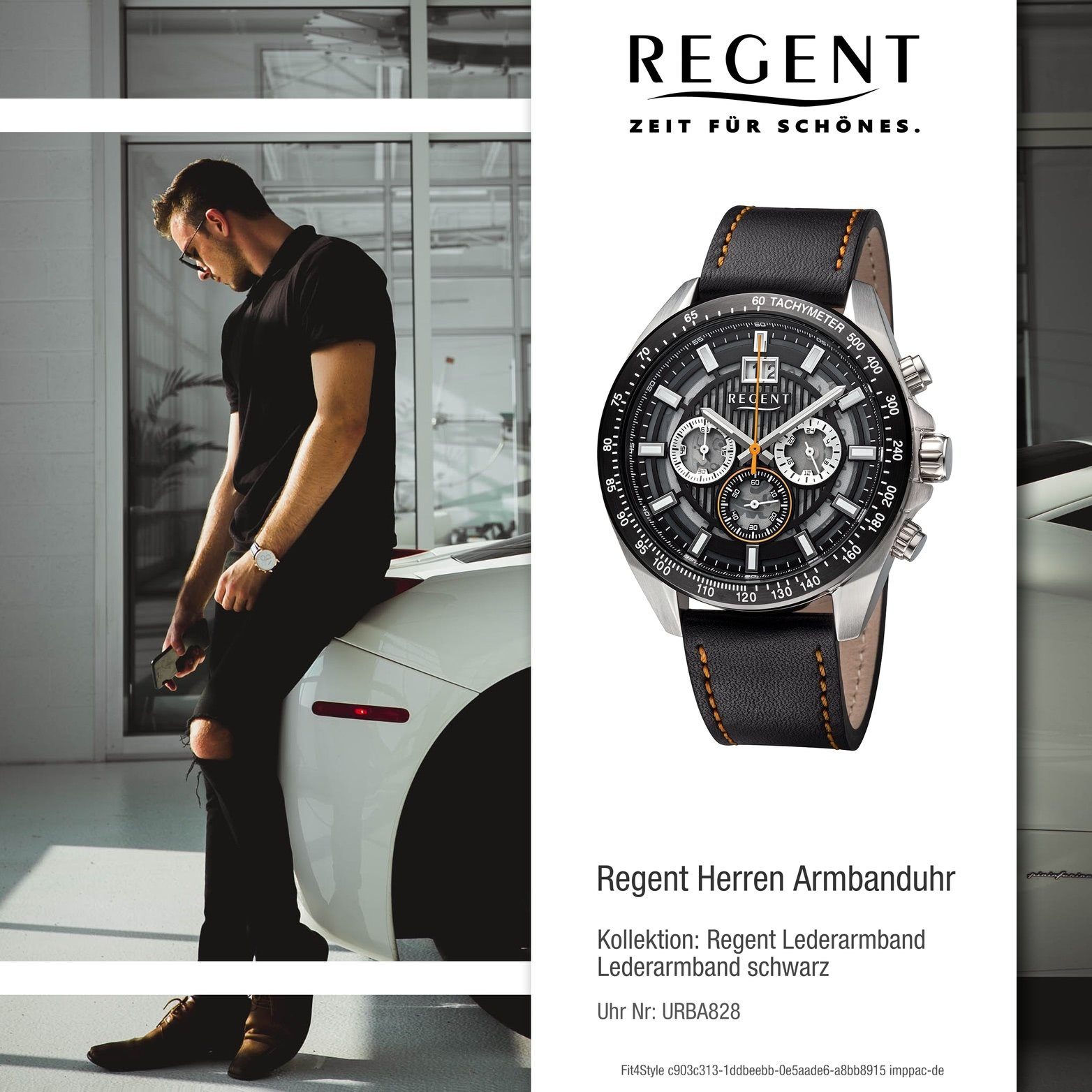 Regent Quarzuhr Regent Herren Armbanduhr schwarz, Herrenuhr (ca Lederarmband rundes 46mm) Gehäuse, groß orange, Analog
