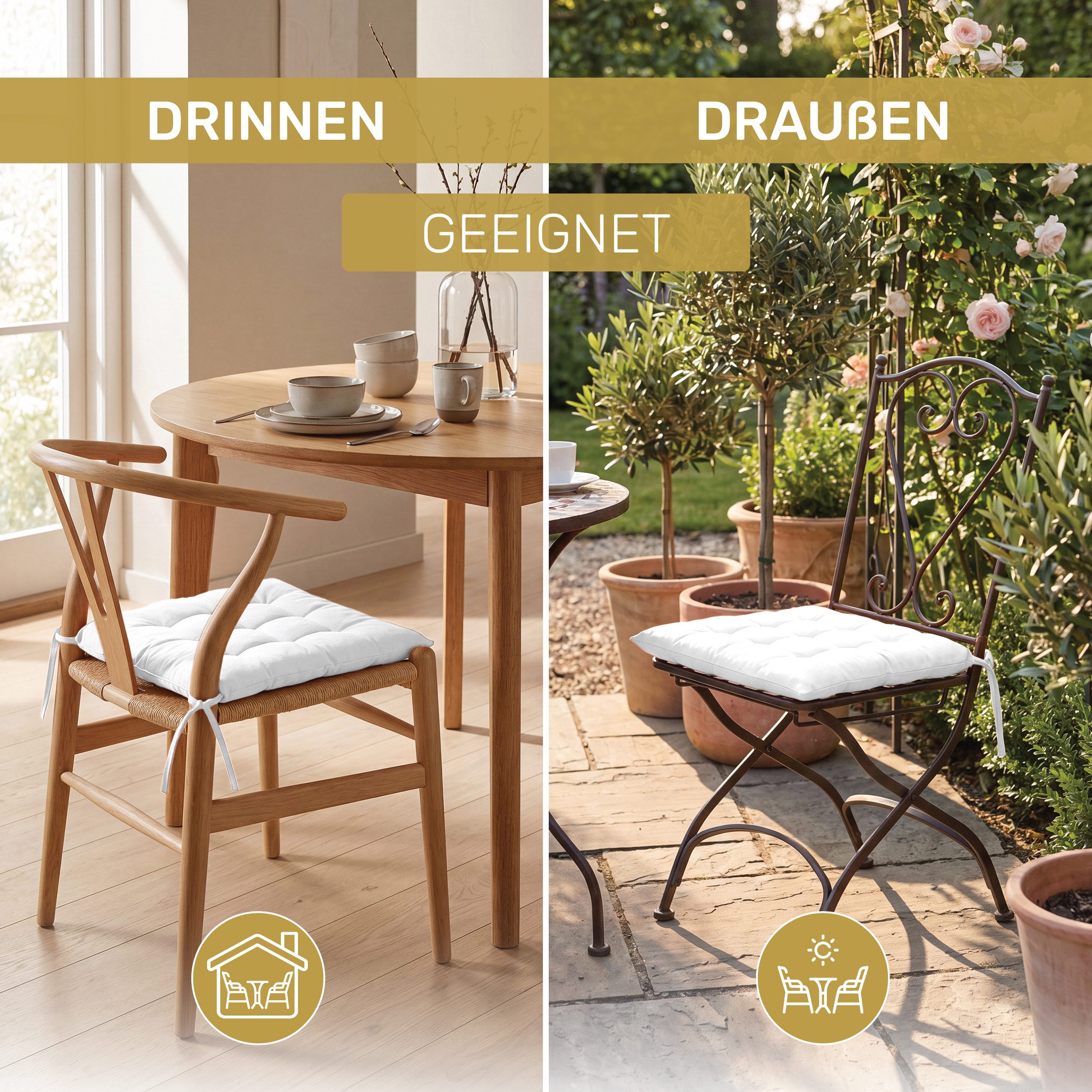 Lavea Stuhlkissen Lavea® Sitzkissen & Stuhlkissen 40x40 cm – 4er/8er Set, 40x40x3 cm, mit Stoffbändern, Indoor & Outdoor, für Garten & Balkon