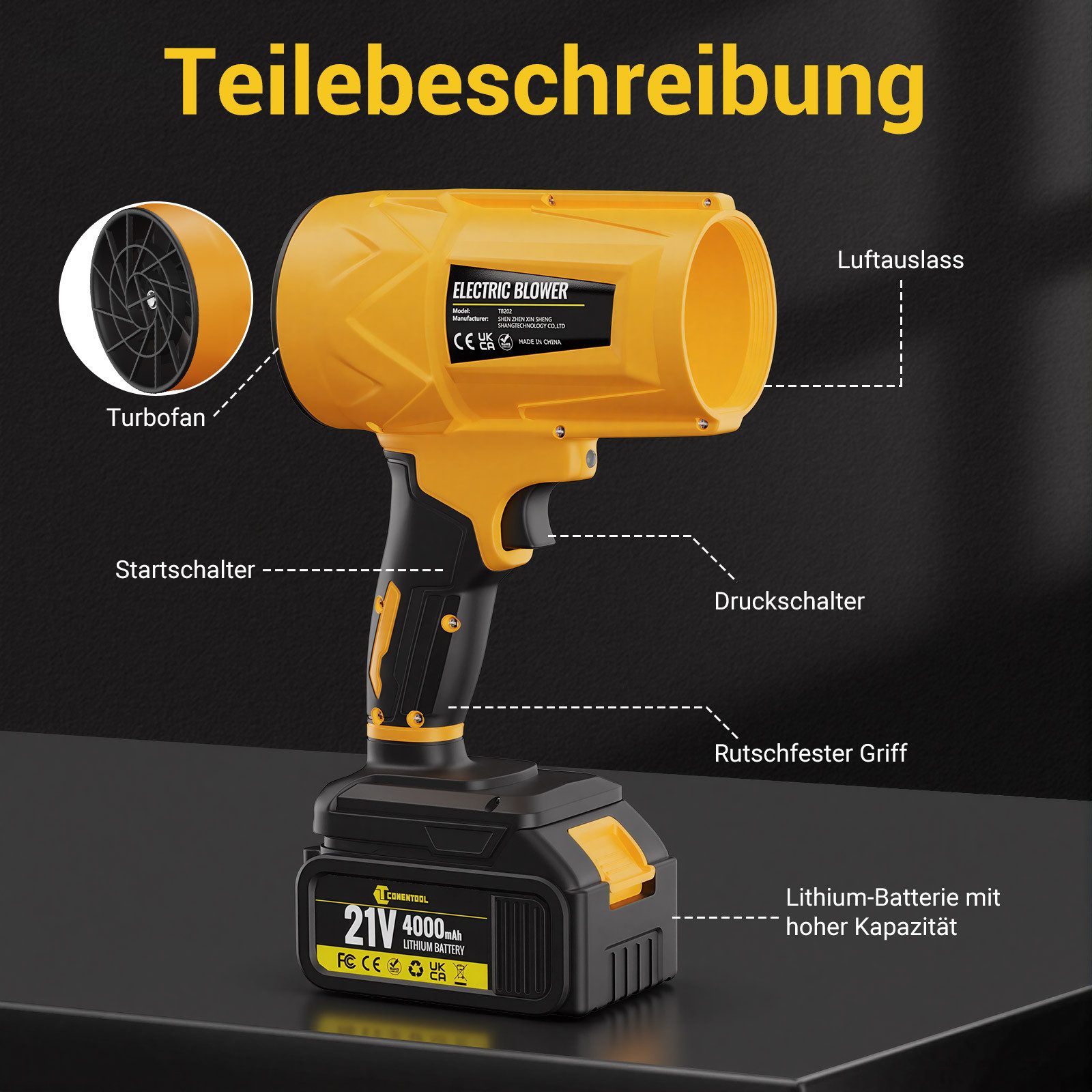 CONENTOOL Akku-Laubbläser Tragbares Kabelloser Laubbläser, mit 4.0Ah Akkus, 200 m/s