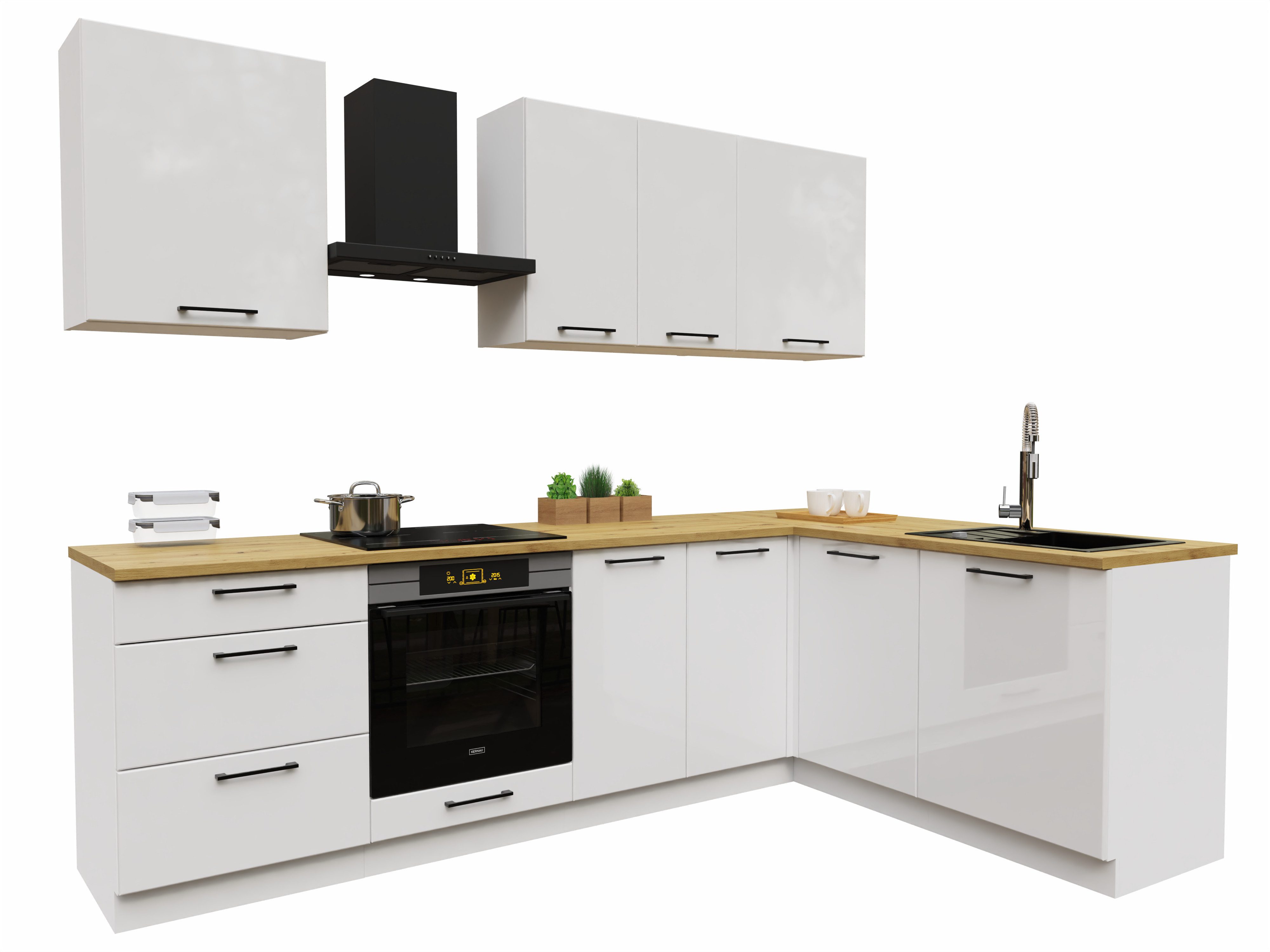 Möbel für Dich Winkelküche moderne Eckküche in L-Form Denis 260x170 cm, 8-teilig, mit Fronten in Weiß Hochglanz oder Beige matt