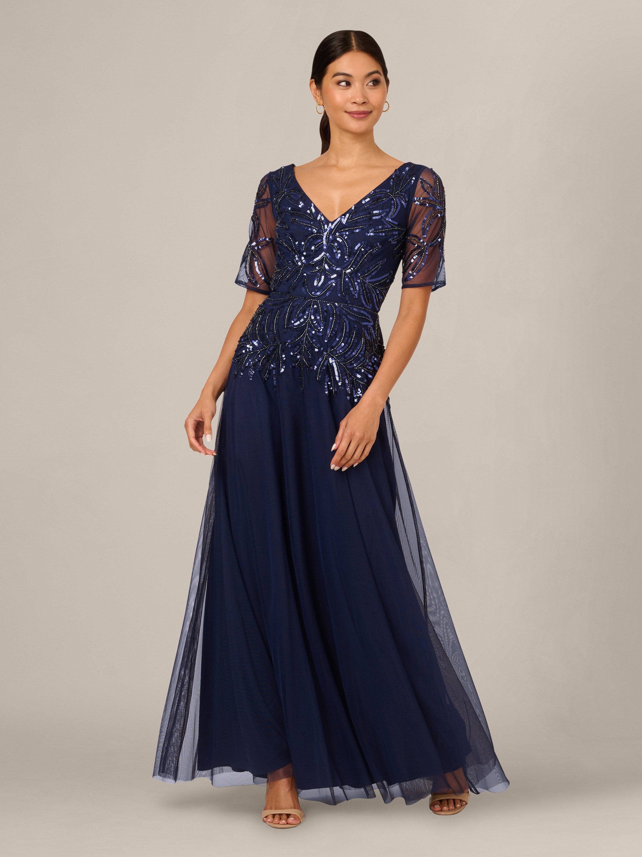 Adrianna Papell Abendkleid Beaded Mesh Long Dress Funkelndes Kleid mit Perlen und Pailletten