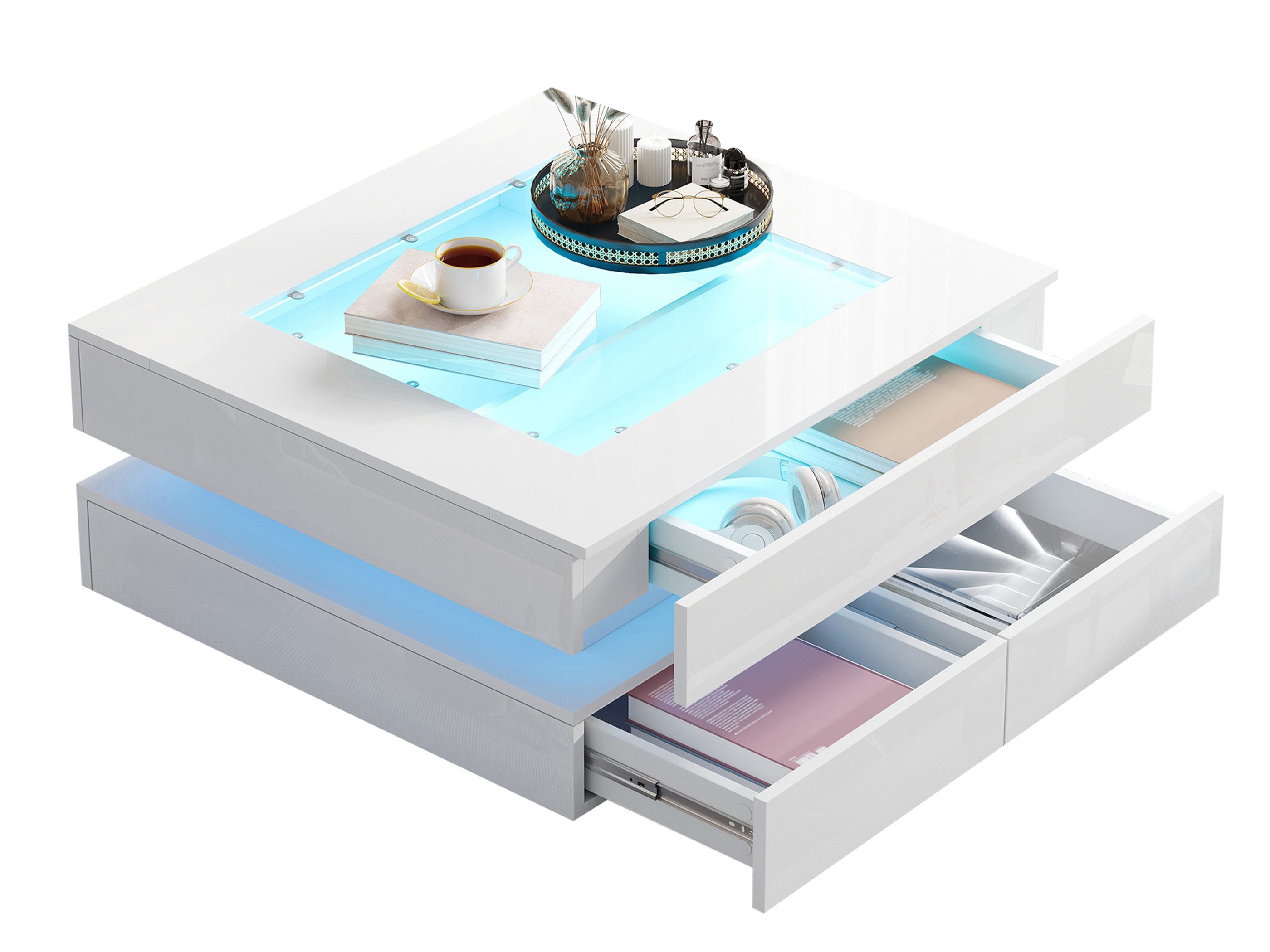 SeedWave Couchtisch Hochglänzender Sofatisch mit Glas-Tischplatte, LED-Beleuchtung, Zweistöckiger Kaffeetisch inkl. 3 Schubladen