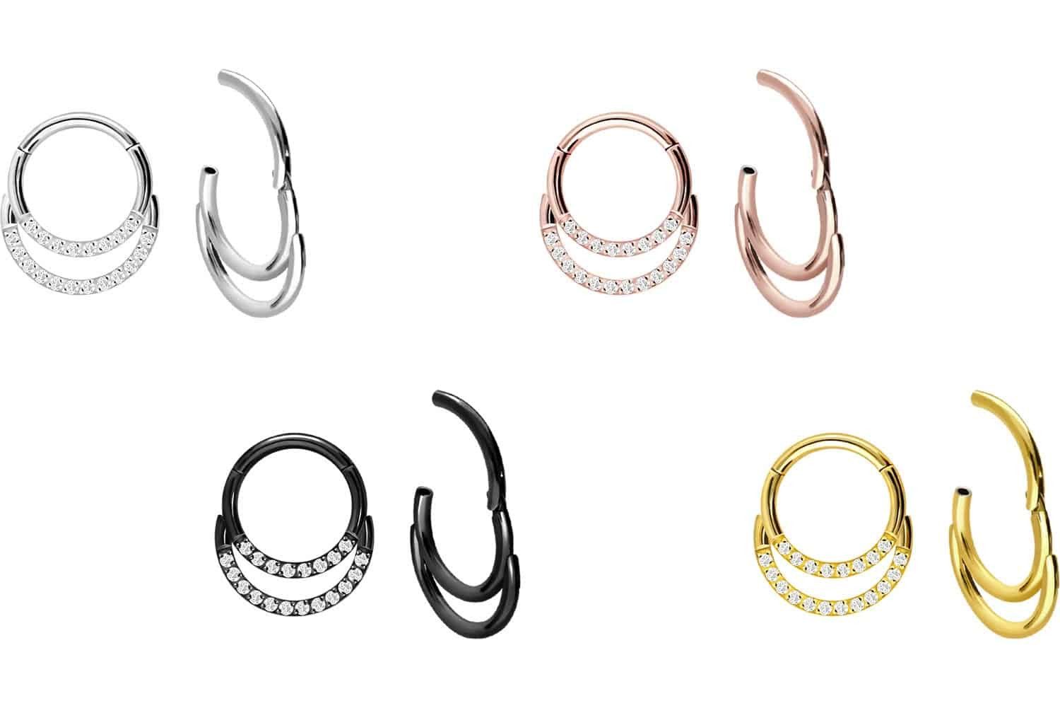 PIERCINGLINE Nasenpiercing Chirurgenstahl Segmentring Clicker 2 RINGE + EINGEFASSTE KRISTALLE (Clicker, 1-tlg), Ohrpiercing für Conch, Helix, Tragus, Daith, Lobe