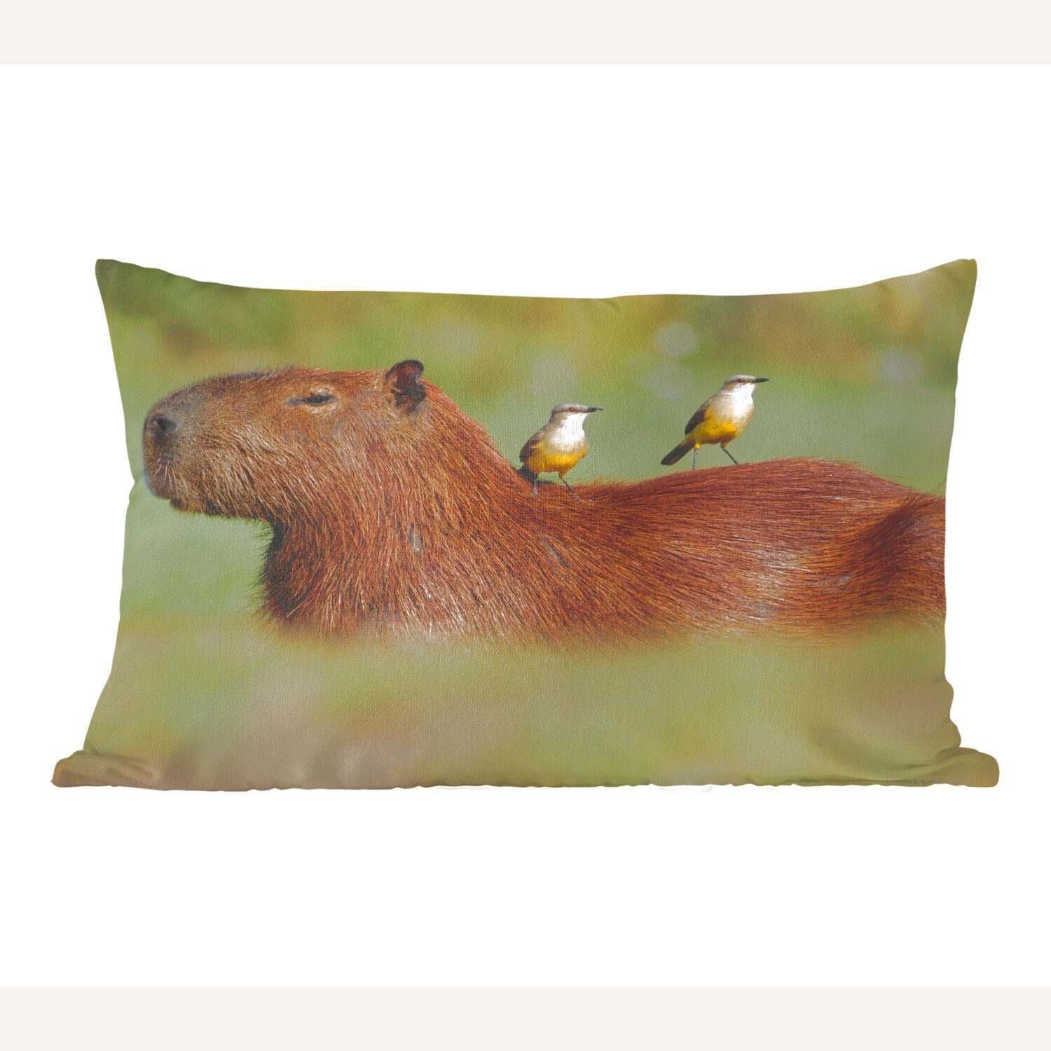 MuchoWow Dekokissen Zwei Vögel sitzen auf einem Capybara, Wohzimmer Dekoration, Zierkissen, Dekokissen mit Füllung, Schlafzimmer