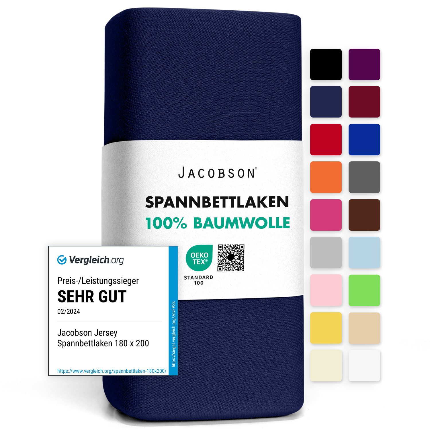 Jacobson Spannbettlaken aus 100% Baumwolle, Jersey Bettlaken 160 g/m², Spannbetttuch mit Gummizug, pflegeleicht & viele Farben