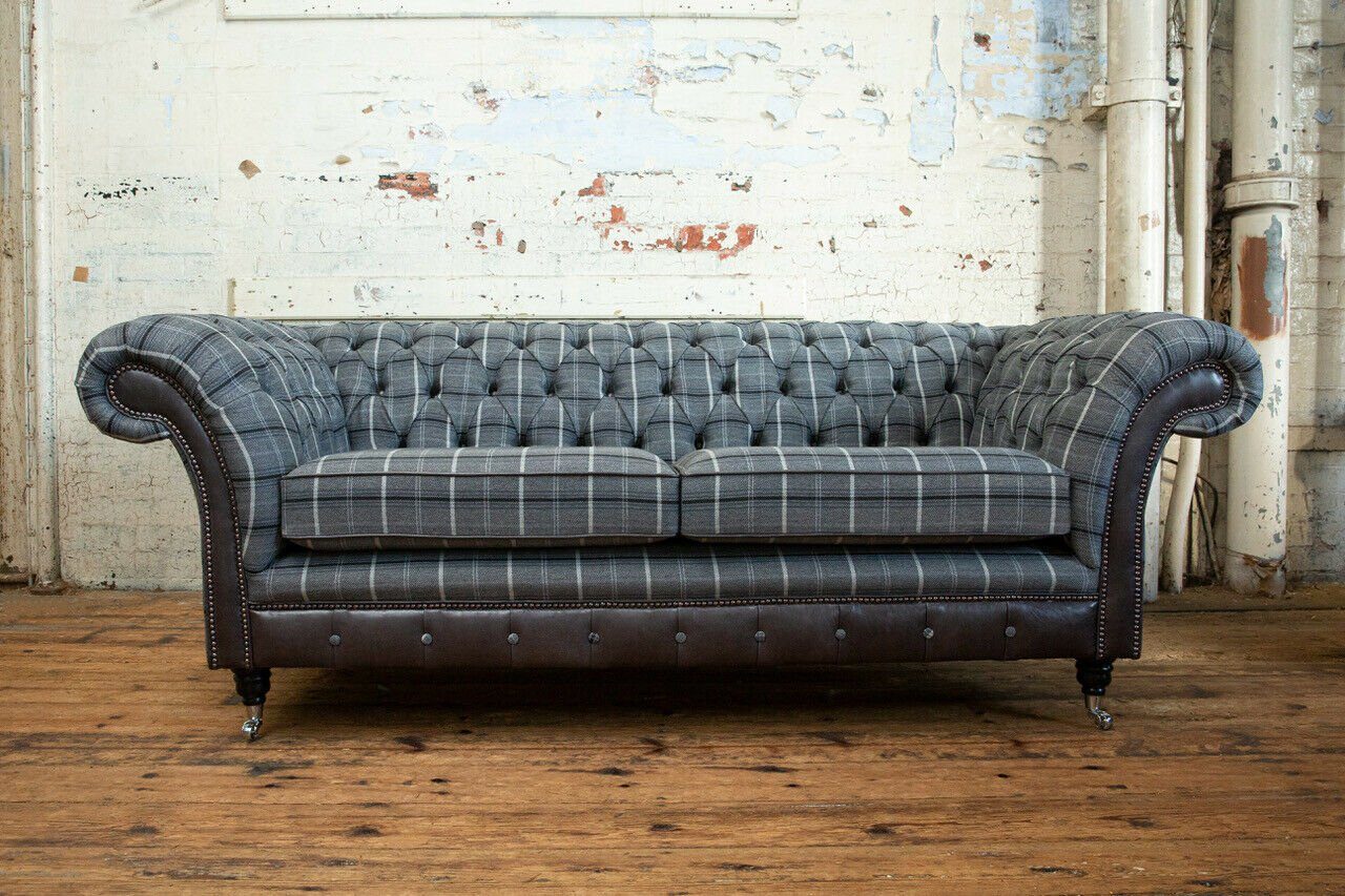 Chesterfield-Sofa mit Couchen Dreisitzer Chesterfield Knöpfen. Grau Die Design Polster Webstoff, JVmoebel Rückenlehne Sofa
