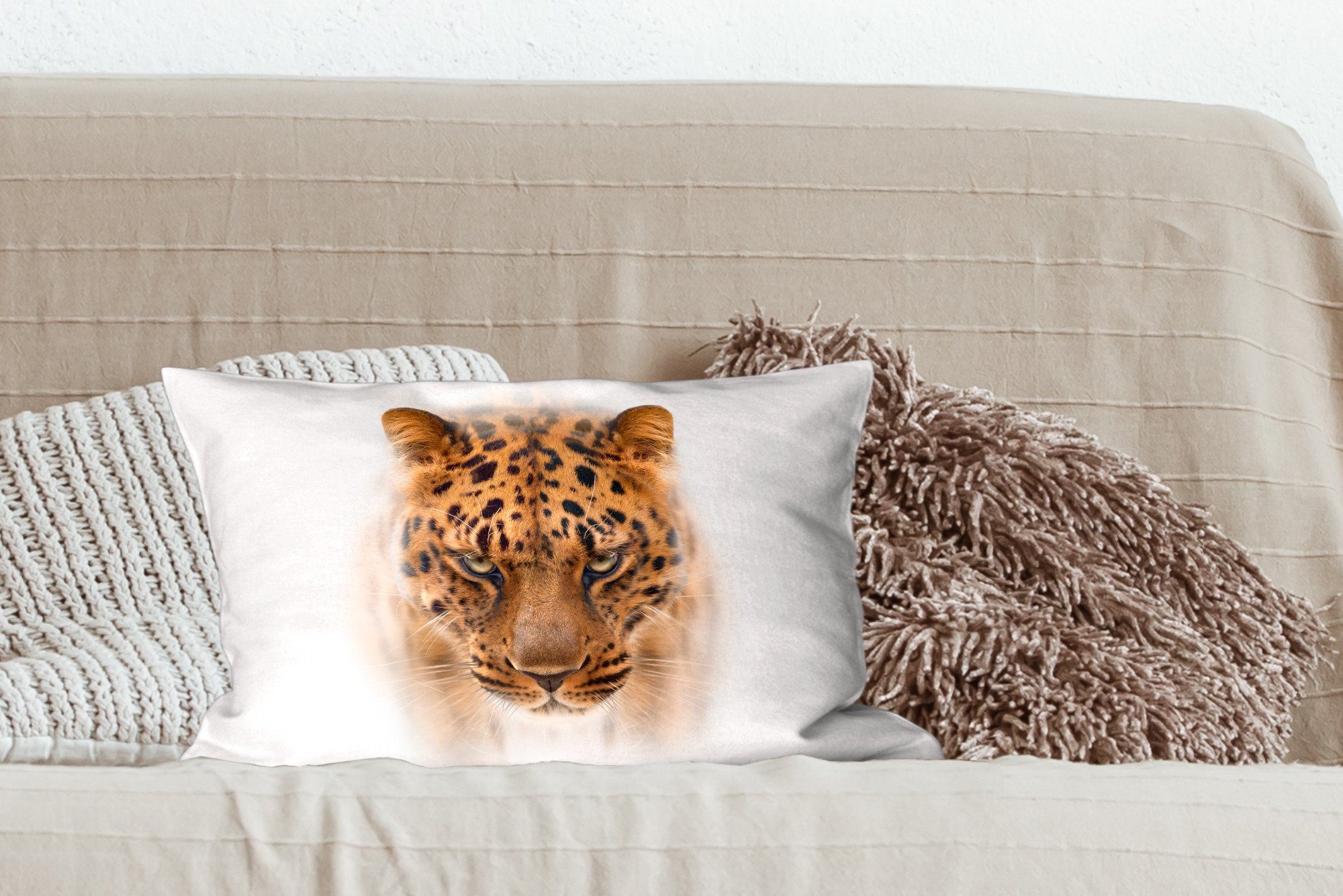 - Dekoration, Füllung, Schlafzimmer MuchoWow Leopard mit Dekokissen Gesicht, Wohzimmer Dekokissen - Weiß Zierkissen,