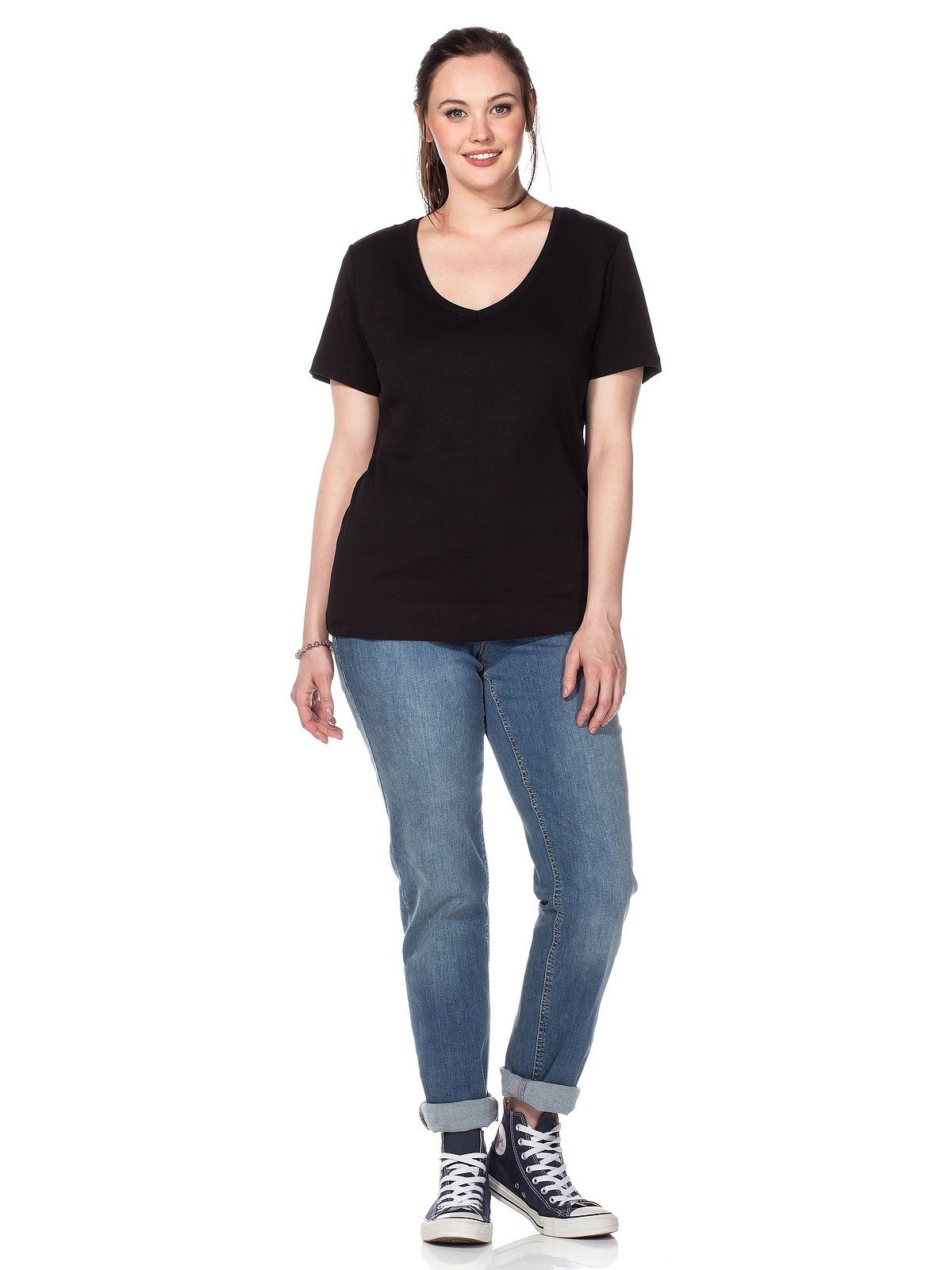Sheego Qualität schwarz T-Shirt fein Große aus Größen gerippter