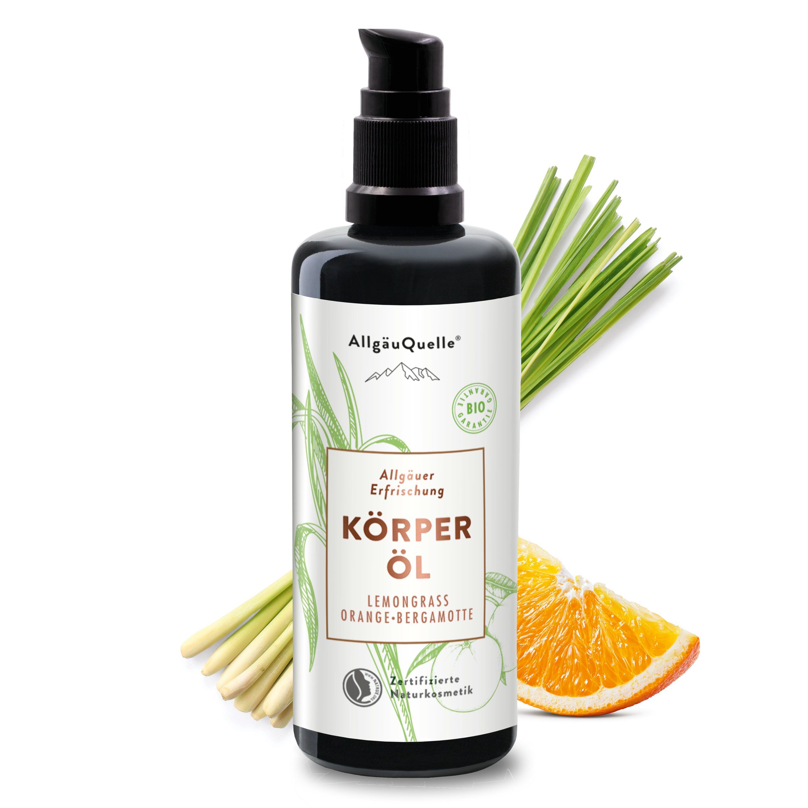 und Orange Körperöl, Allgäuquelle Bergamotte Lemongrass, mit