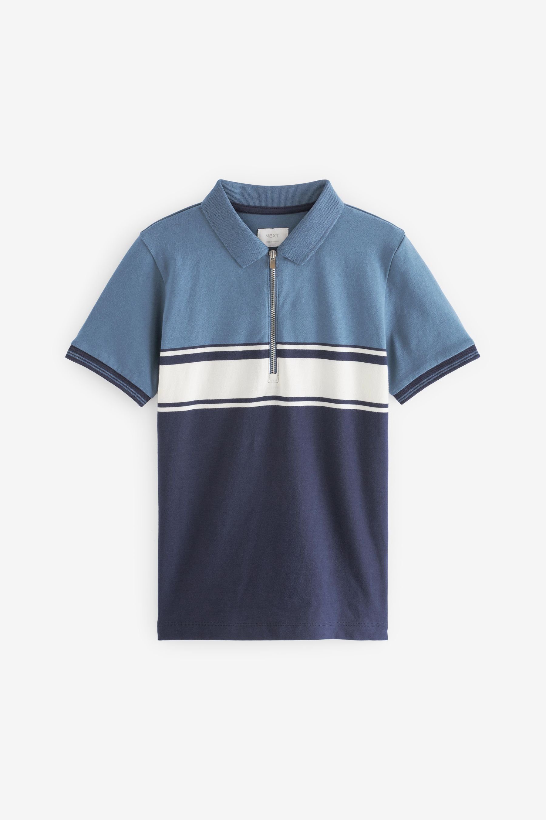Next Poloshirt Kurzärmeliges Polohemd mit Reißverschluss (1-tlg) Blue/White Colour Block