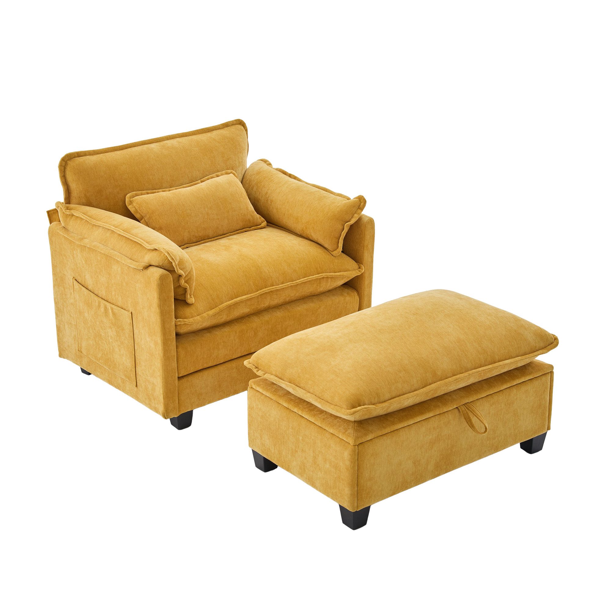 OKWISH Loungesessel Polsterstuhl Relaxsessel (Samt-Sessel mit Fußhocker & Seitentaschen, Komfortabler Lesesessel mit verstecktem Stauraum), für Wohnzimmer & Schlafzimmer