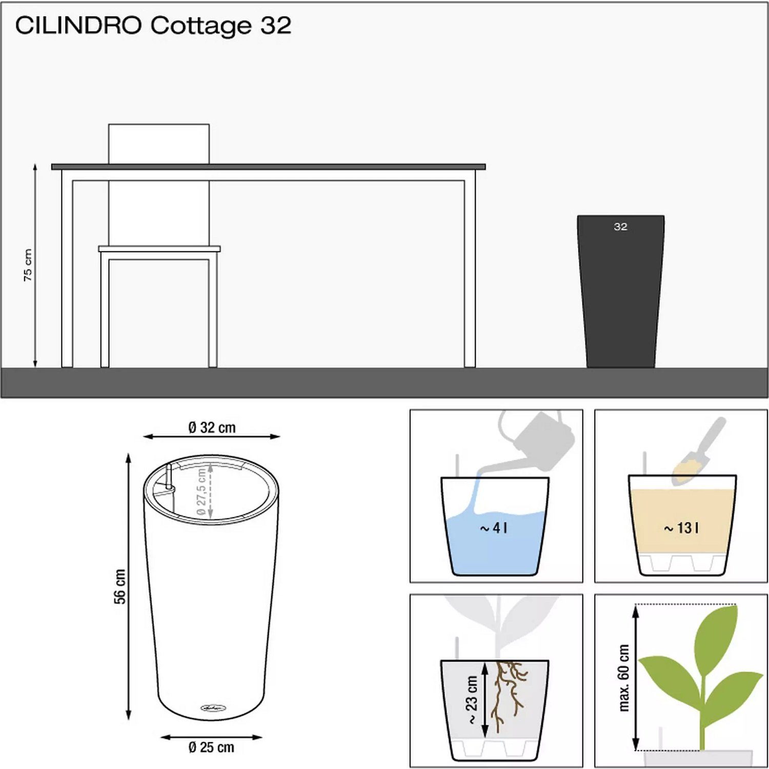 Lechuza® Pflanzkübel Lechuza Cilindro COTTAGE 23 Komplettset graphitsch