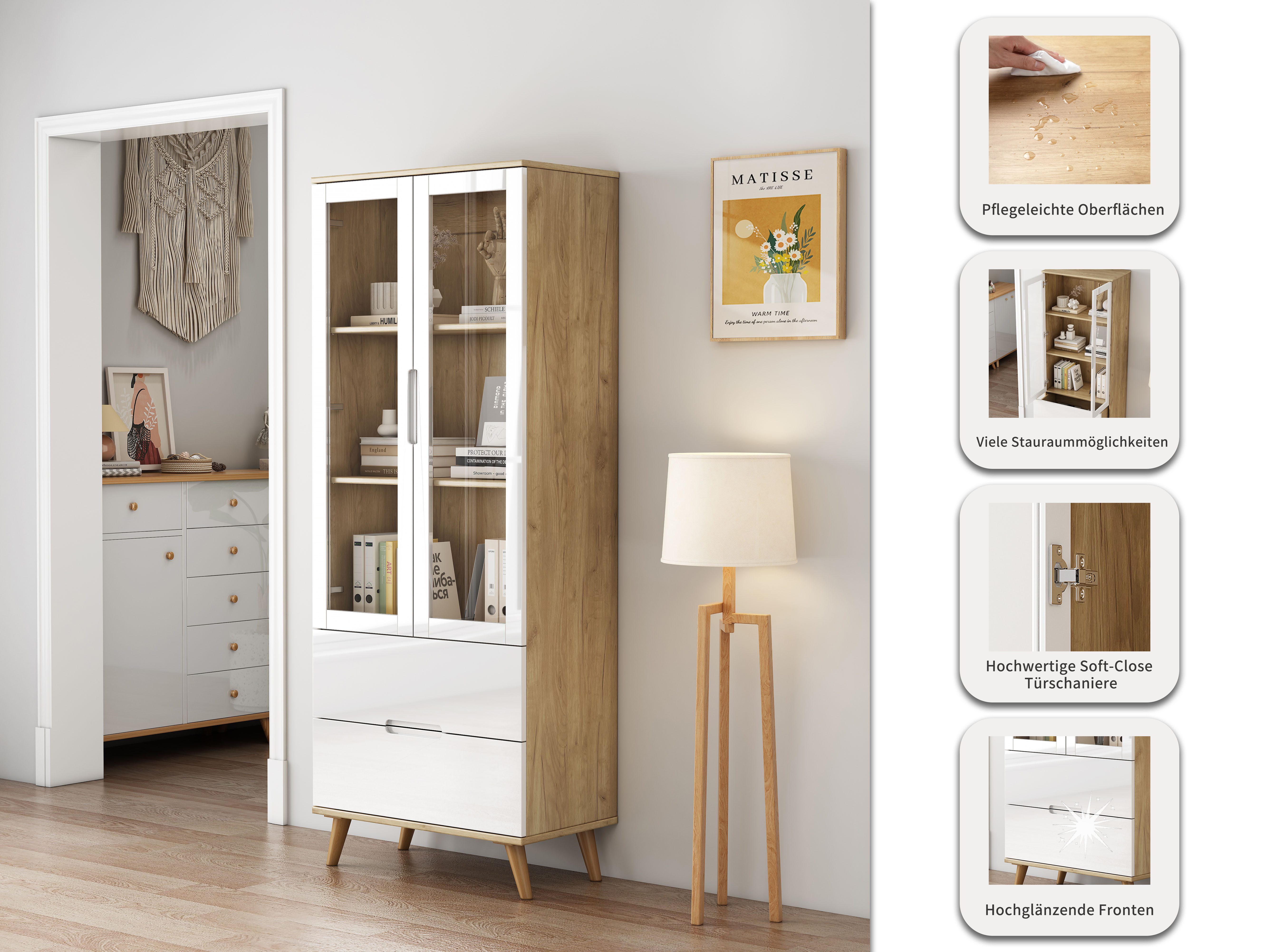 OTTO home Highboard, mit glänzenden Fronten, Glastüren, helles Holzdekor, Breite 70 cm