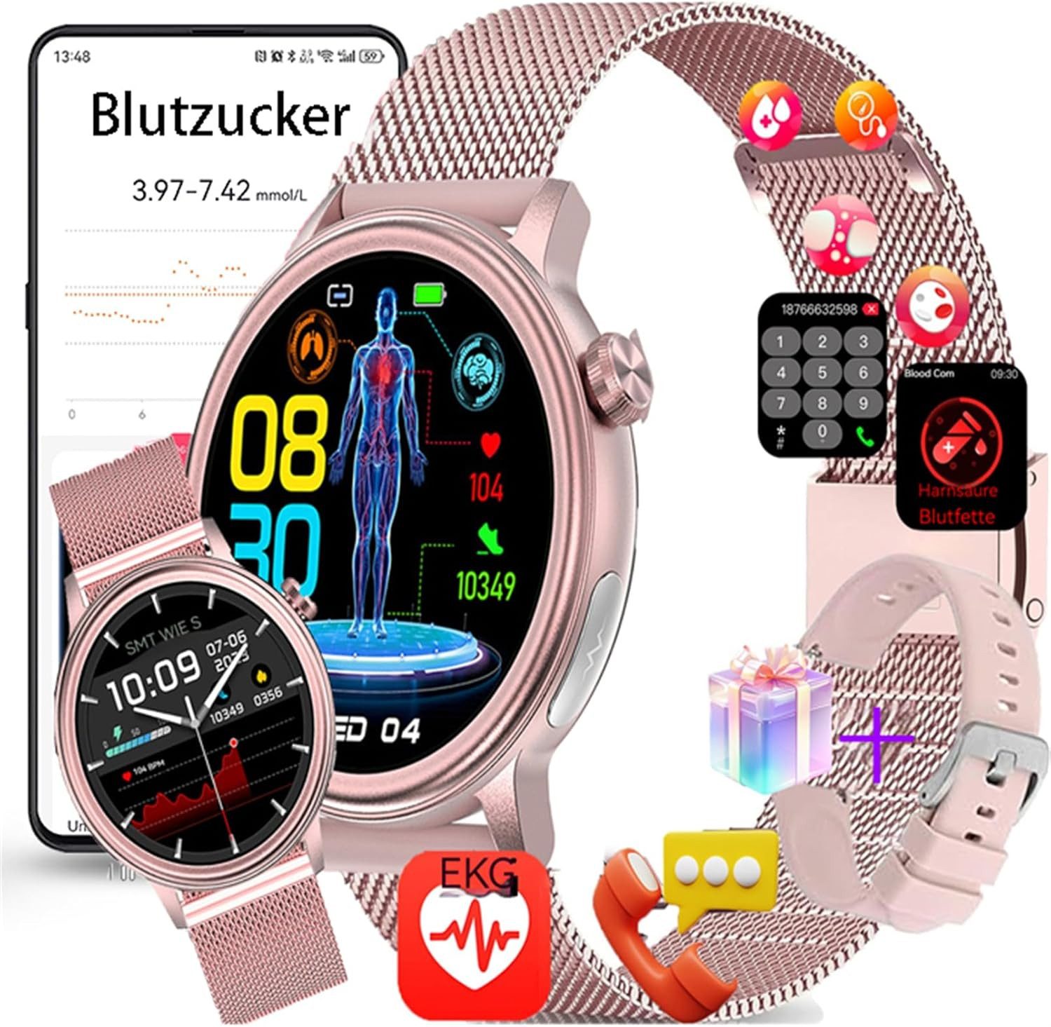 Fohatu mit blutzuckermessung, EKG, Bluetooth-Anrufe, Schrittzähler, Wecker Smartwatch (1,39 Zoll, Android, iOS), smartwatch herren fitness fitnessuhr damen gesundheits schrittzähler
