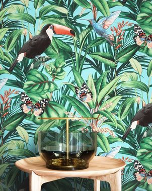 Newroom Vliestapete, Türkis Tapete Tropisch Dschungel - Dschungeltapete Palmentapete Grün Bunt Floral Modern Blätter Tukan für Wohnzimmer Schlafzimmer Küche
