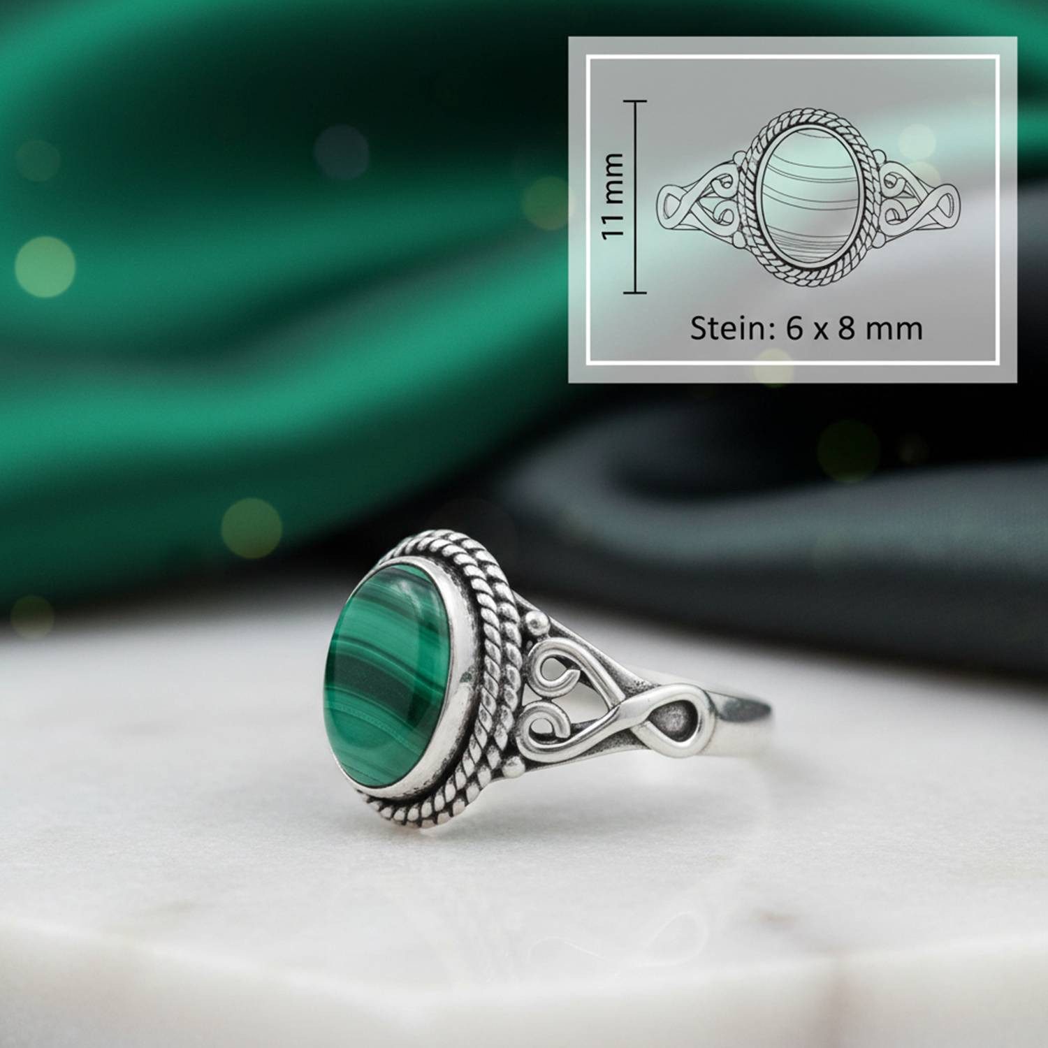 mantraroma Silberring BAGHIMI oval aus 925 Silber mit Malachit (Ring mit Schmuckbeutel), Damenring aus 925er Silber