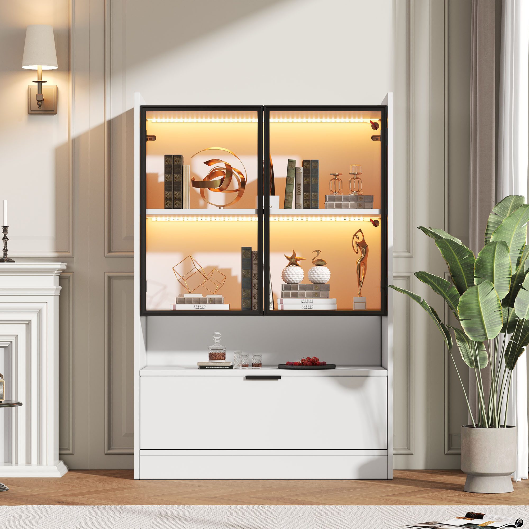 Merax Glasvitrine Vitrine LED Standvitrine in Weiß (1-St) Wohnzimmerschrank mit Glastüren, Klapptür & Stauraum, 80x35x120cm