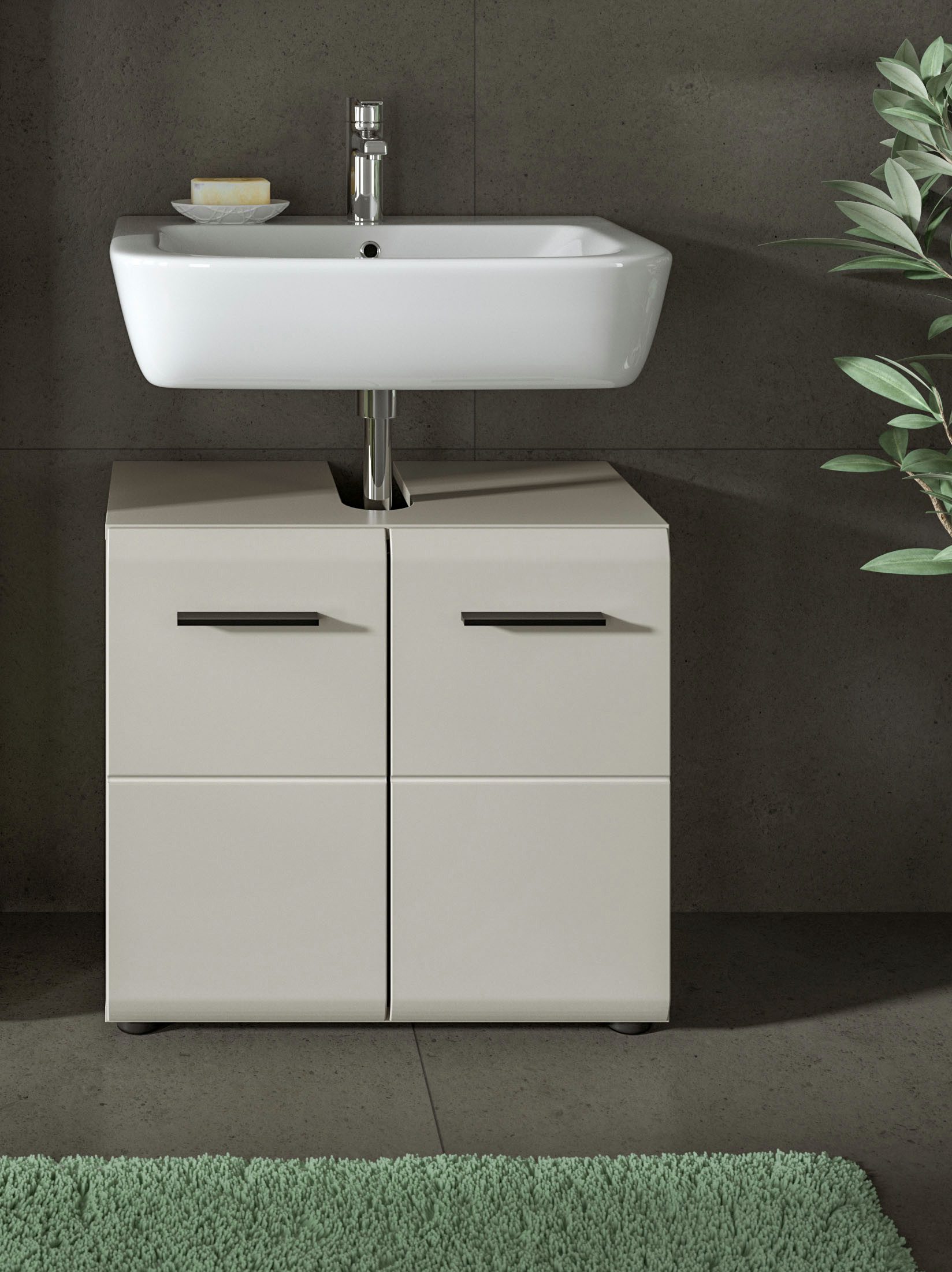 welltime Waschbeckenunterschrank FLORENZ, Breite 60cm, inkl. Siphonausschnitt, mit Türen oder Schüben (1-St., TOPSELLER) hochwertige MDF Front, Griff schwarz, Badschrank, Bad
