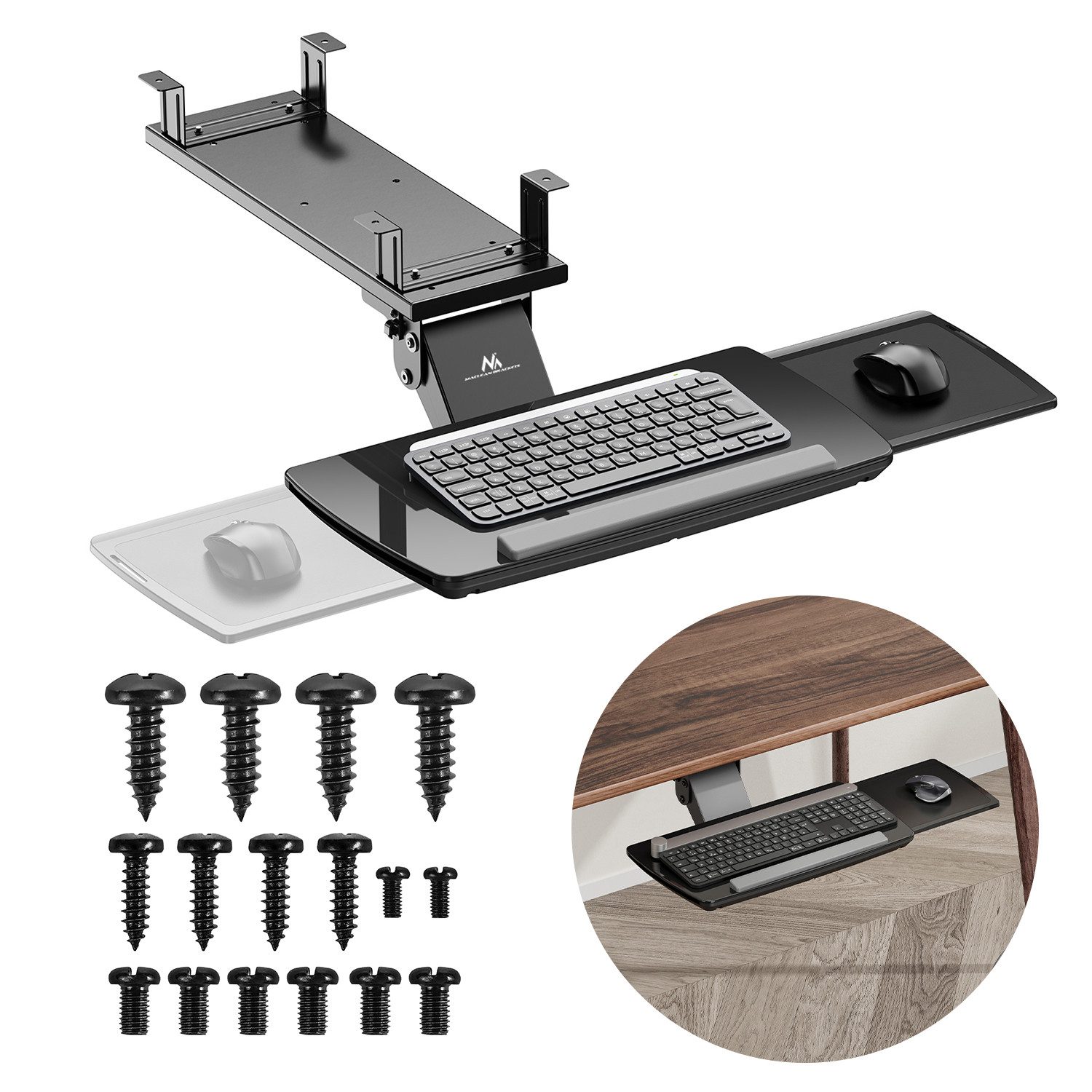 Maclean Tastaturhalterung MC-156 Untertisch-Tastaturablage, (Verstellbar, mit ausziehbarer Mausablage, max. 5 kg)