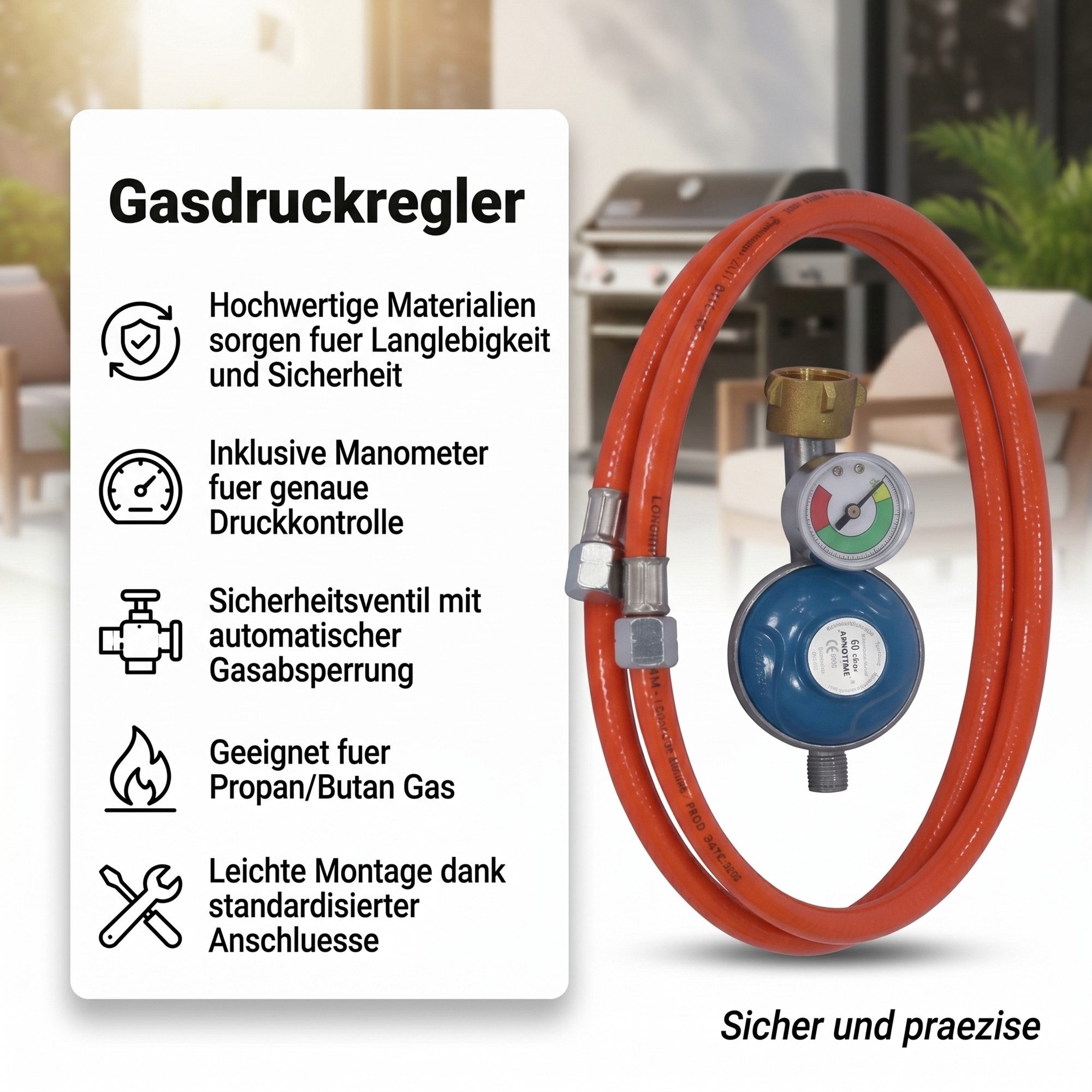 Mucola Gasgrill Gas Schlauch + Druckminderer inkl. Manometer Gasregler Propan Butan, Stück, Manometer, Sicherheitsventil, Schlauch, Inkl. Manometer