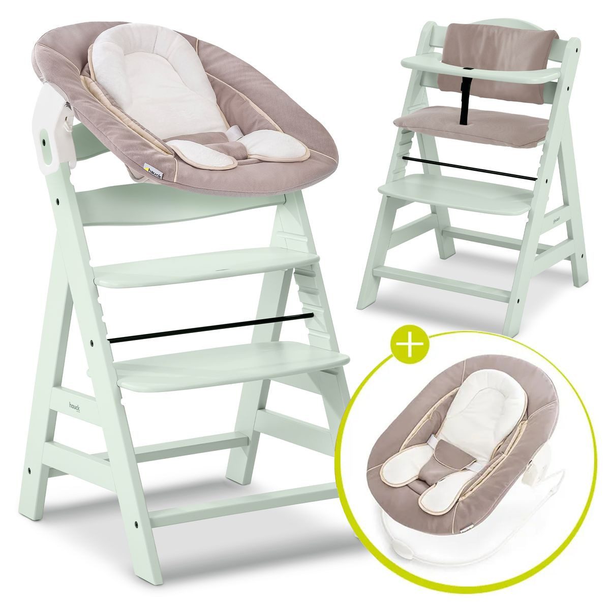 Hauck Hochstuhl Alpha Plus Newborn Set - Mint, Holz Babyhochstuhl ab Geburt inkl. Neugeborenenaufsatz & Sitzauflage
