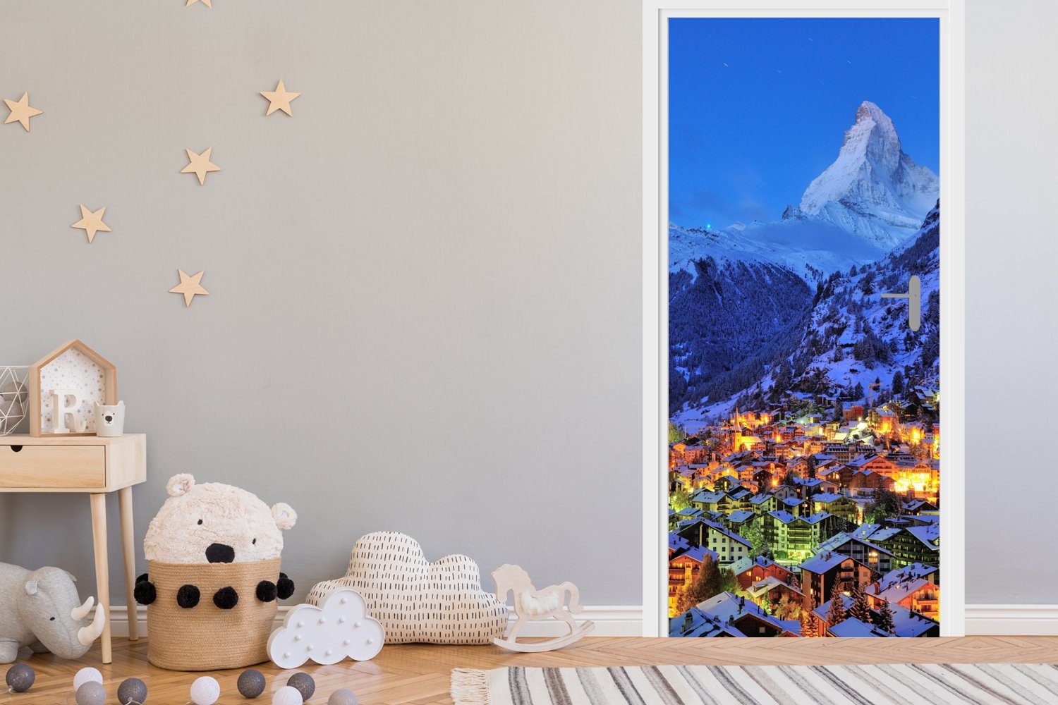 für MuchoWow cm (1 Türaufkleber, über Türtapete Matt, in bedruckt, Matterhorn Sonnenaufgang 75x205 Schweizer Fototapete Tür, St), dem Zermatt,