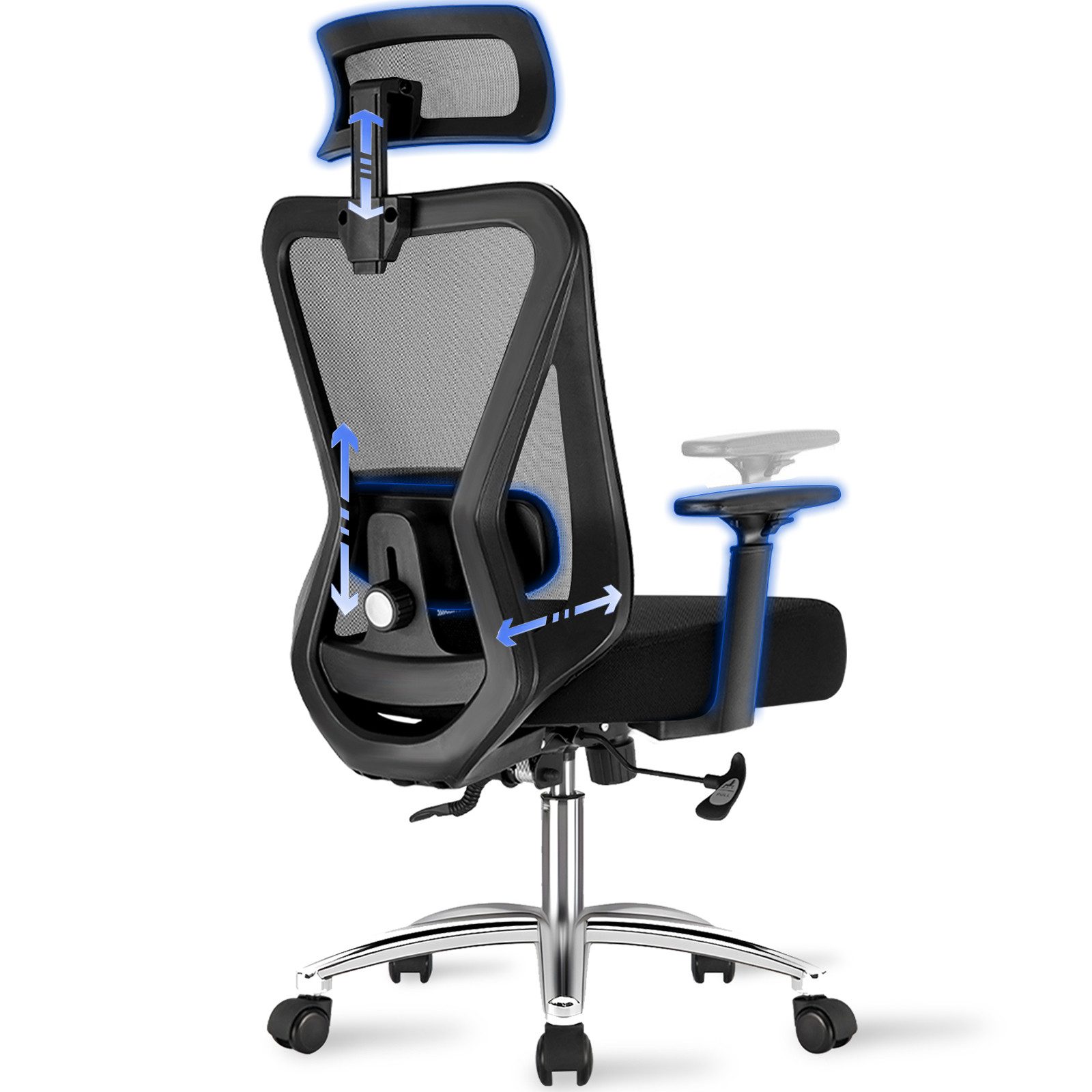 Durrafy Bürostuhl Bürostuhl 200kg Ergonomischer Bürostuhl-Verstellbare Lordosenstütze (4D-verstellbare Lendenstütze, Verstellbarer Kopfstütze & Armlehnen), 3-stufiger Neigungsarretierung 90-130°, Höhenverstellbarer Drehstuhl