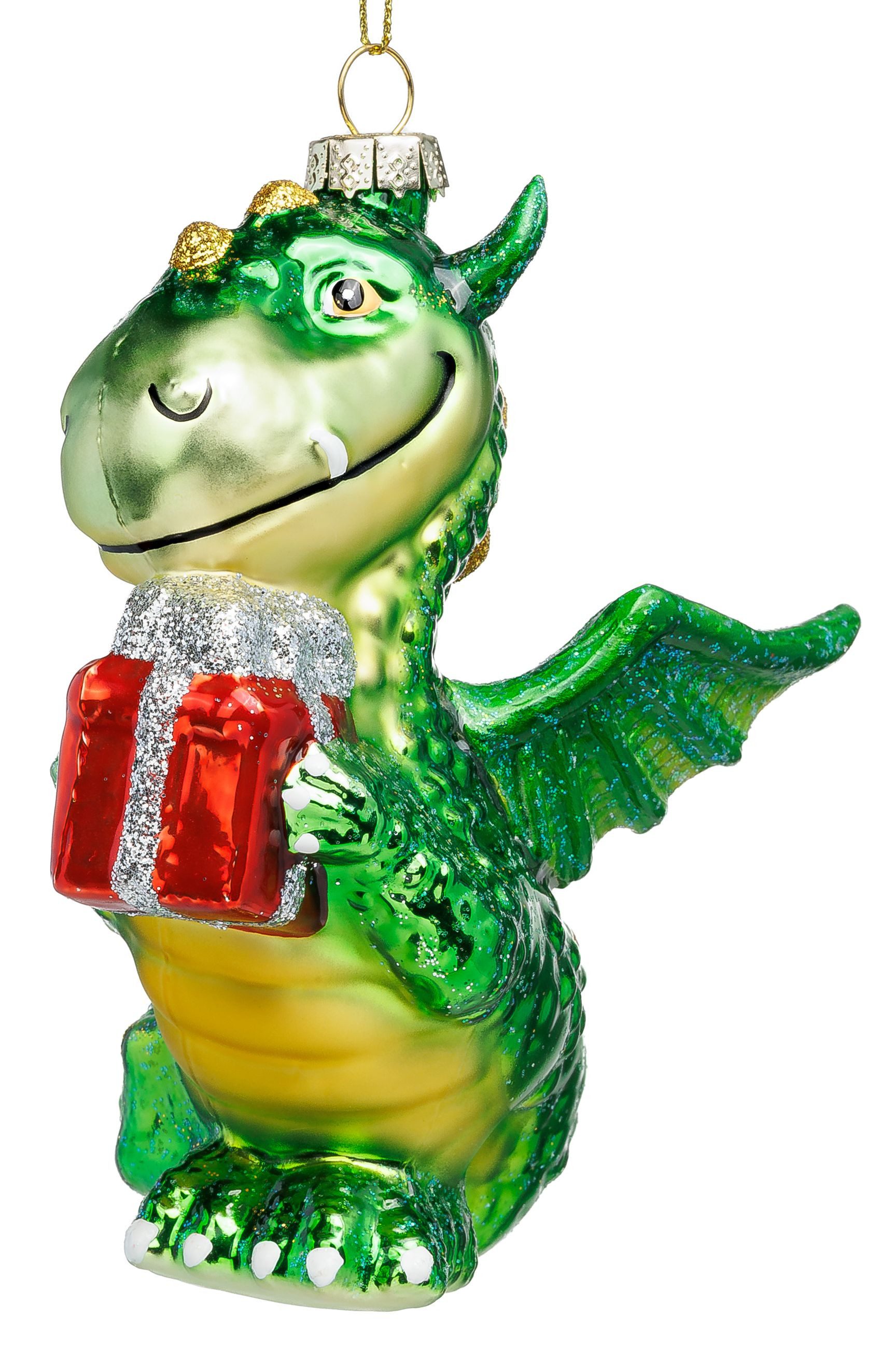 SIKORA Weihnachtsbaumkugel Drache mit Geschenk besondere Weihnachtskugel Glas Anhänger – BS057, Premium Christbaumschmuck Deko - traditionell & außergewöhnlich – Bild 2 von 5