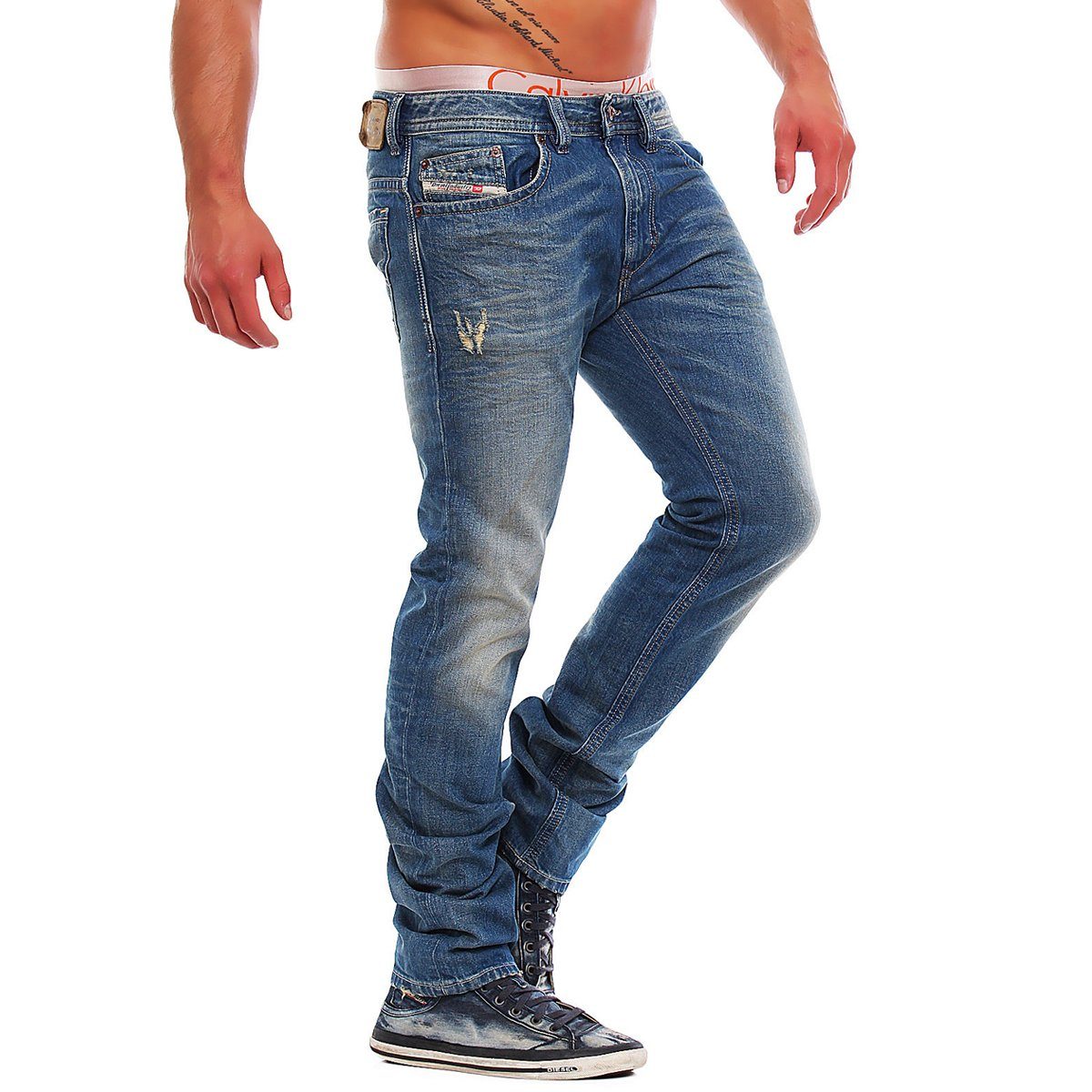 Dirty W27 Herren Anteil, L34 Röhrenjeans, Vintage Diesel Slim-fit-Jeans Thavar Used-Look, 0806P Blau, Stretch ohne Größe: