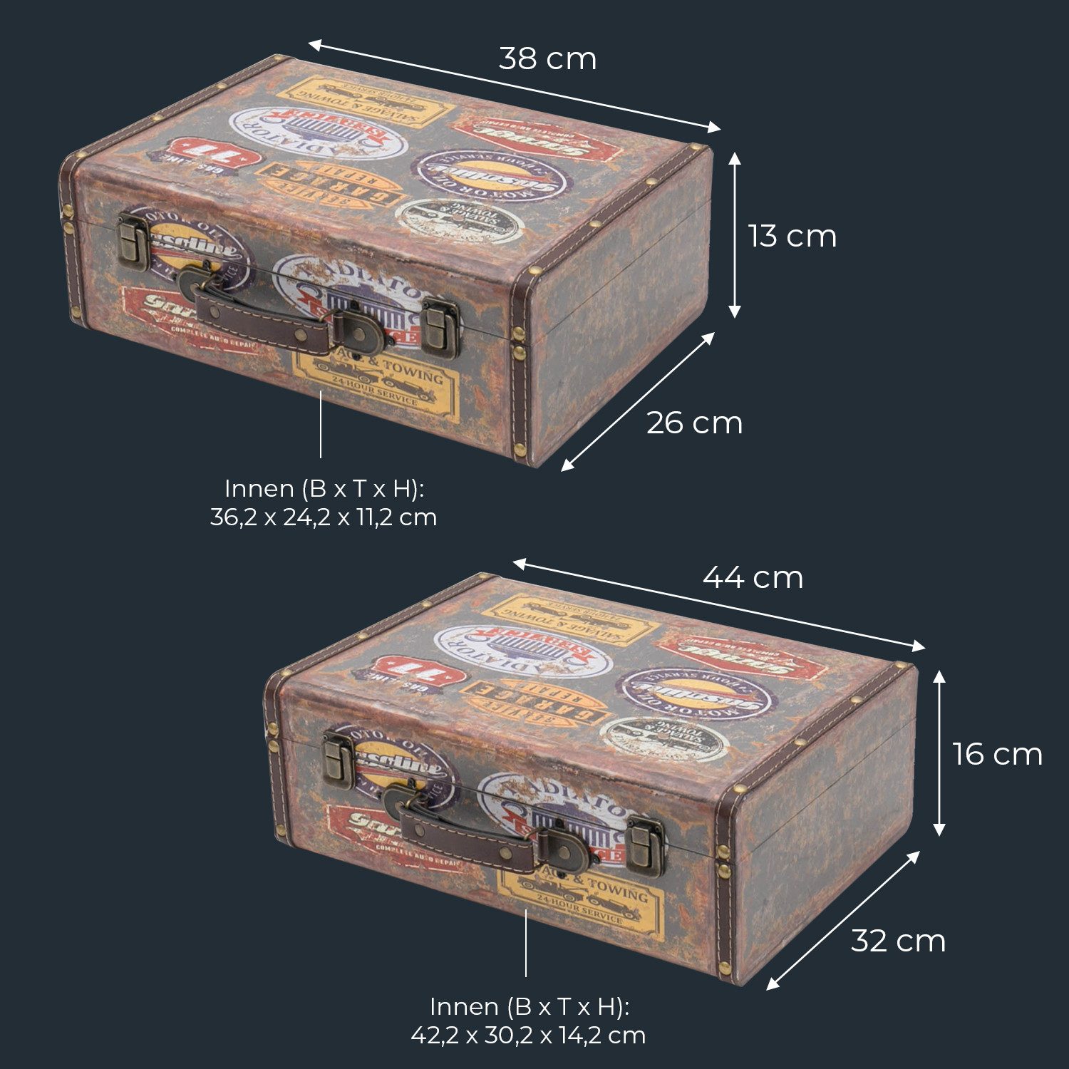 HMF Aufbewahrungsbox Vintage Koffer Holz, Aufbewahrungsbox mit Deckel und Ledergriff als (2er Set), Geschenkidee für Hochzeit oder Geburtstag, Garage, 38 + 44 c – Bild 5 von 5
