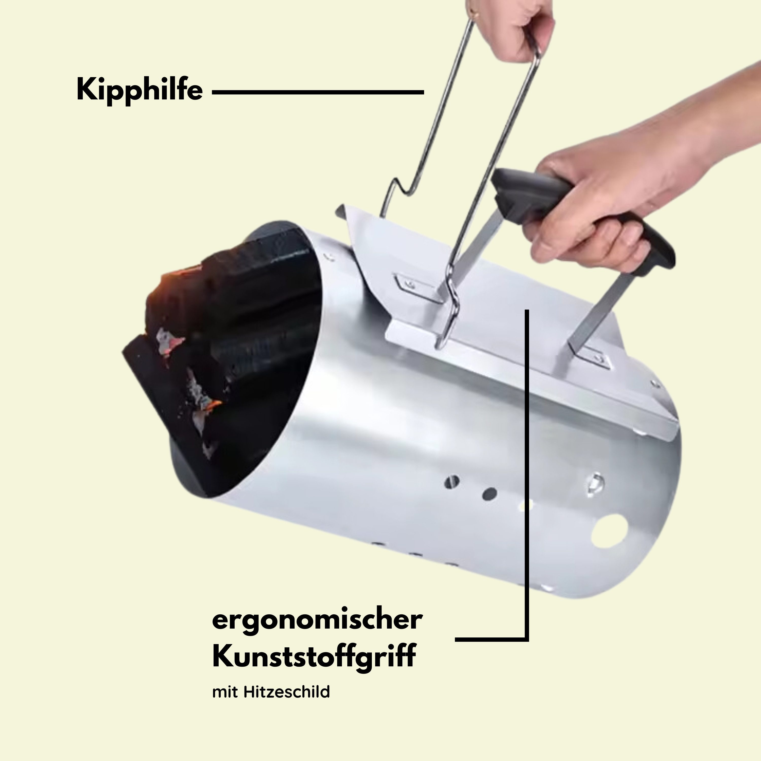 GLÜHZONE Anzündkamin KS 200, Kohlestarter verzinkt mit Kunststoffgriff und Hitzeschild