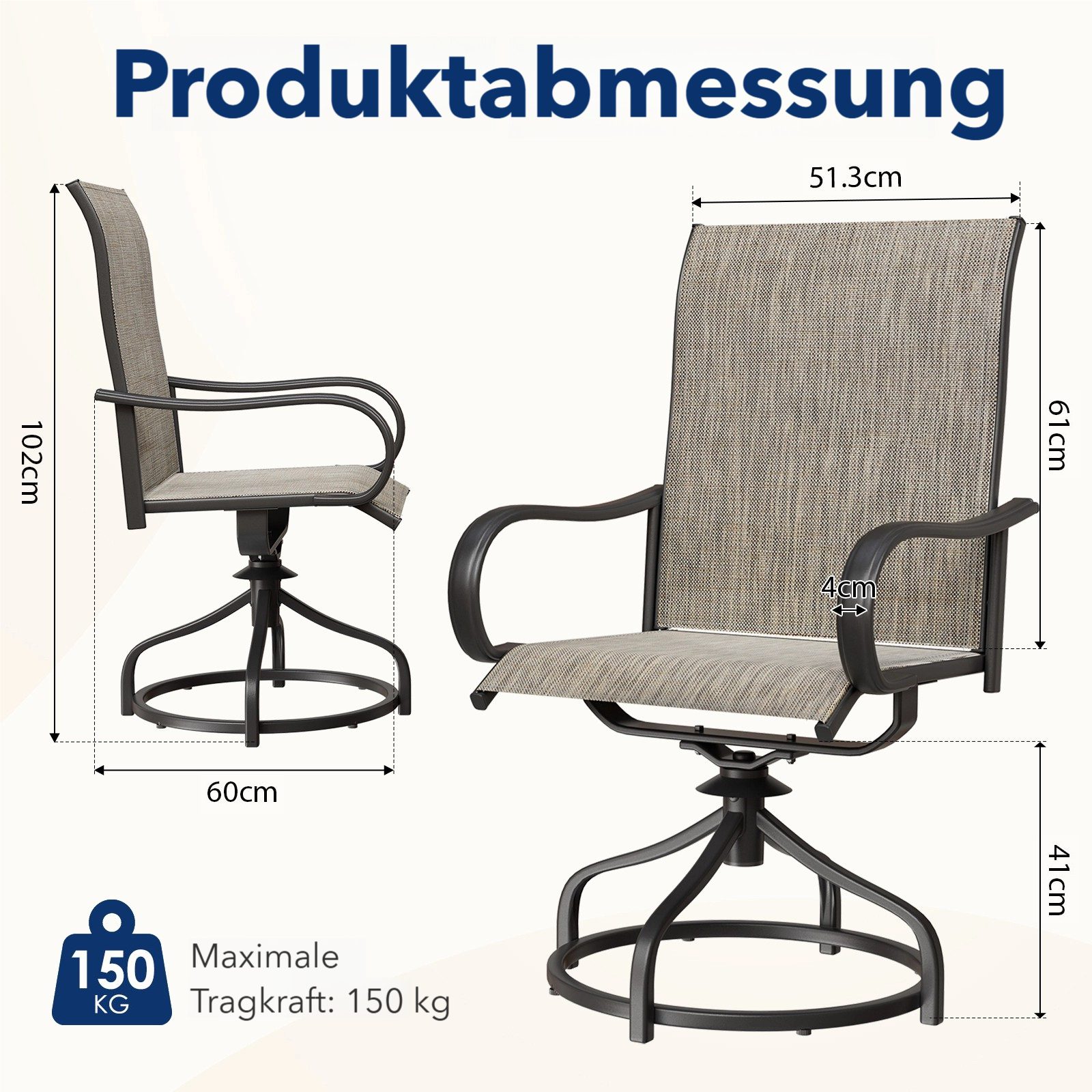 TLGREEN Gartenstuhl 360° drehbar, 2er Set Vollstahl-Teslin-Drehstuhl, (Wetterfeste Rostbeständig,bis 150 kg belastbar, 2 St), Für Terrasse Garten Balkon Bistrot