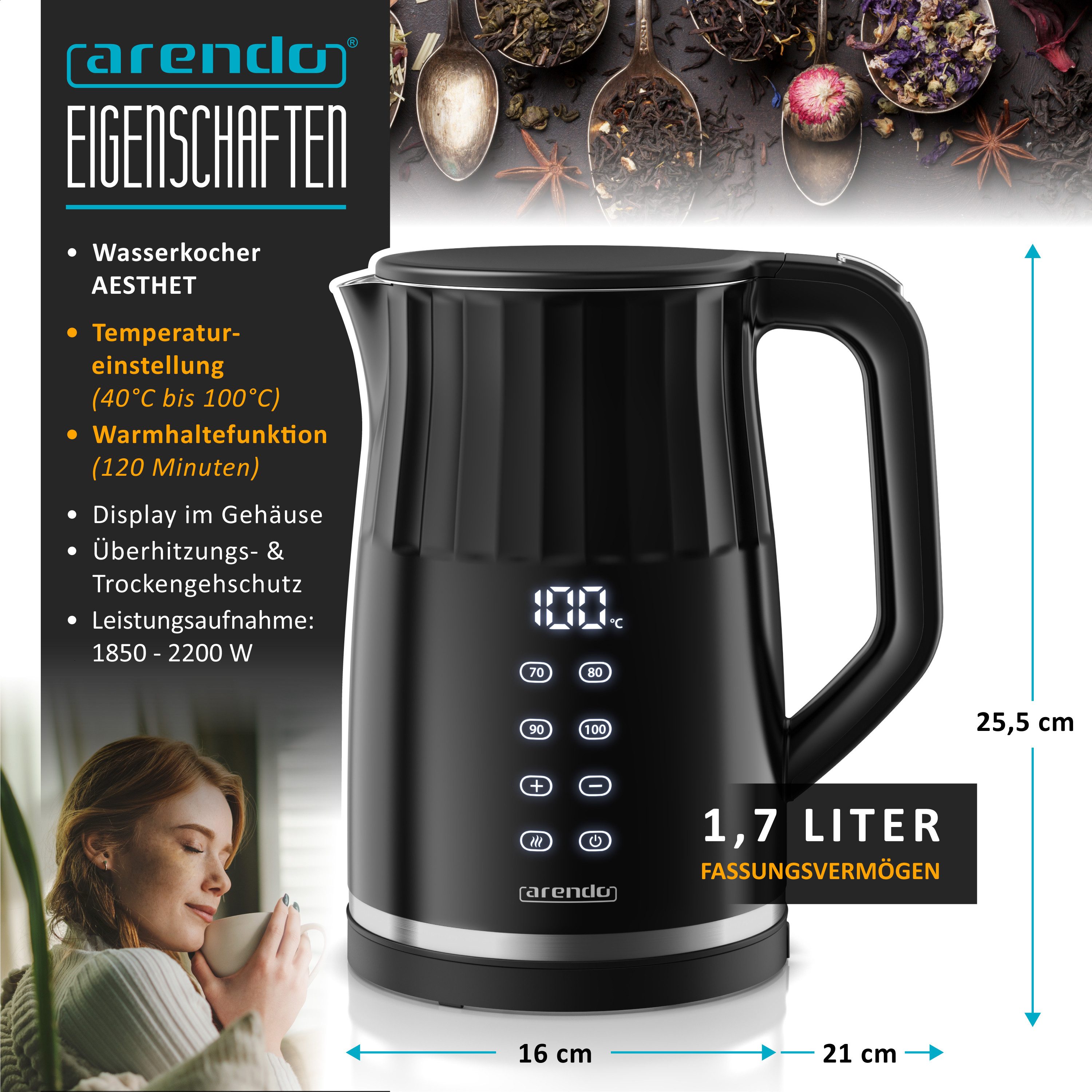 Arendo Wasserkocher aus Edelstahl, Doppelwand, Temperatureinstellung 40°–100°C mit Anzeige, 1,7 l, 2200 W, Teekocher mit Temperaturanzeige, in 5 °C-Schritten ei – Bild 2 von 5