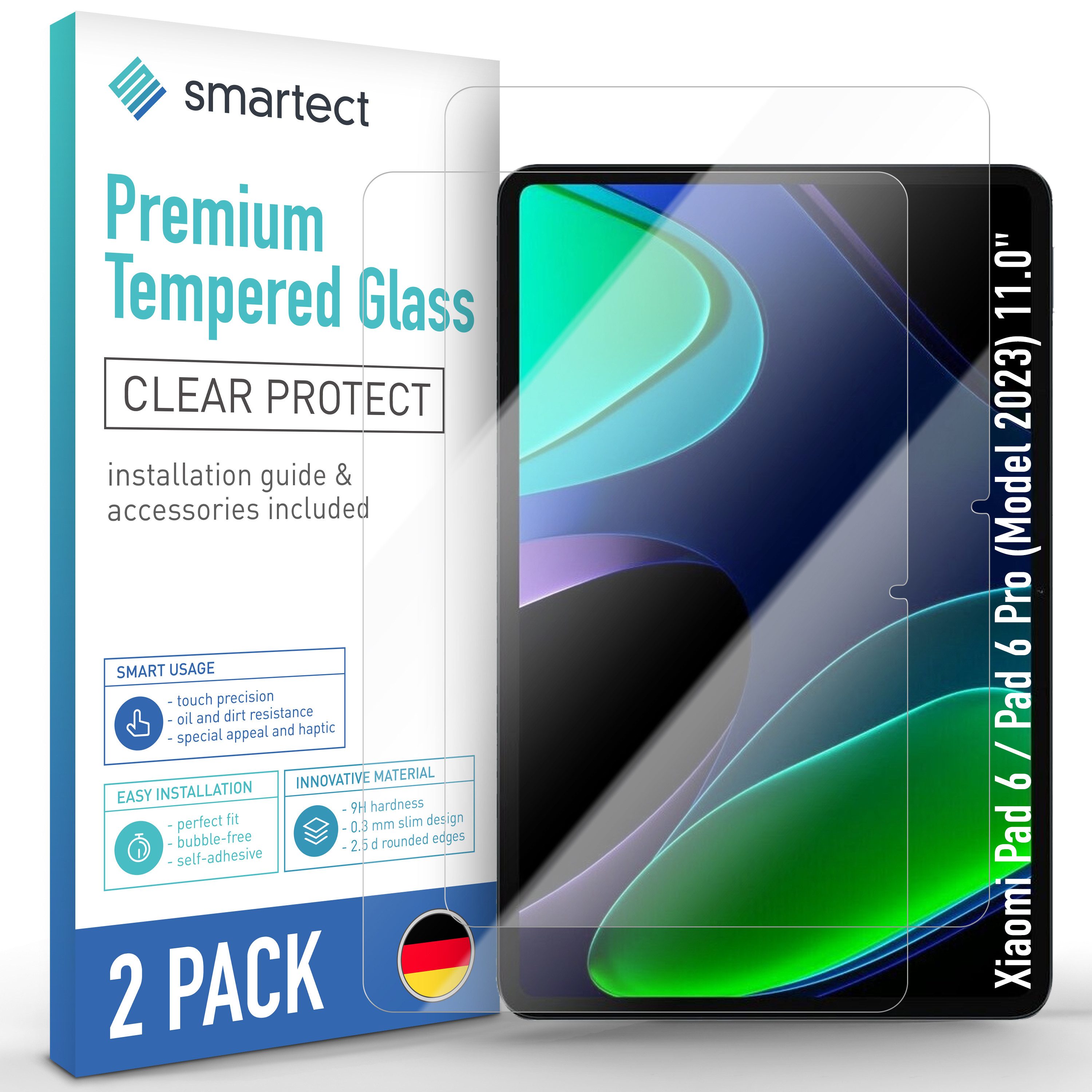 smartect Displayschutzglas Schutzglas Panzerfolie Klar für Xiaomi Pad 6/ Pad 6 Pro (2023) 11.0", Set, 2 Stück, Schutzfolie Glasschutz