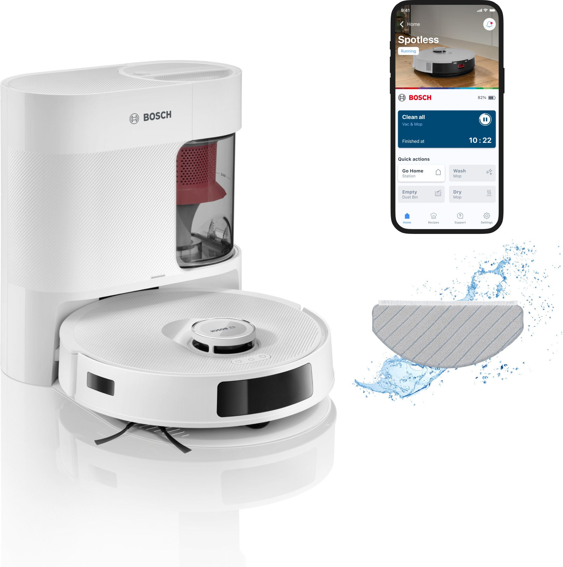 BOSCH Saugroboter Spotless + BCRD1W, Saugroboter mit Wischfunktion, 11.000 Pa Saugkraft, 60 W, beutellos, Trocken-Servicestation, Infrarot Navigation, Carbon Bürste