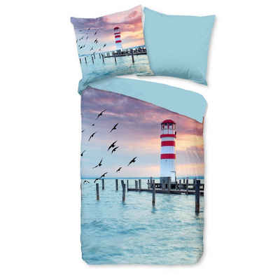 Bettwäsche Leuchtturm Nordsee 135x200 + 80x80 cm, 100 % Polyester, MTOnlinehandel, Mikrofaser, 2 teilig, maritime Bettwäsche für Küstenliebhaber, ideal als Partnerbettwäsche