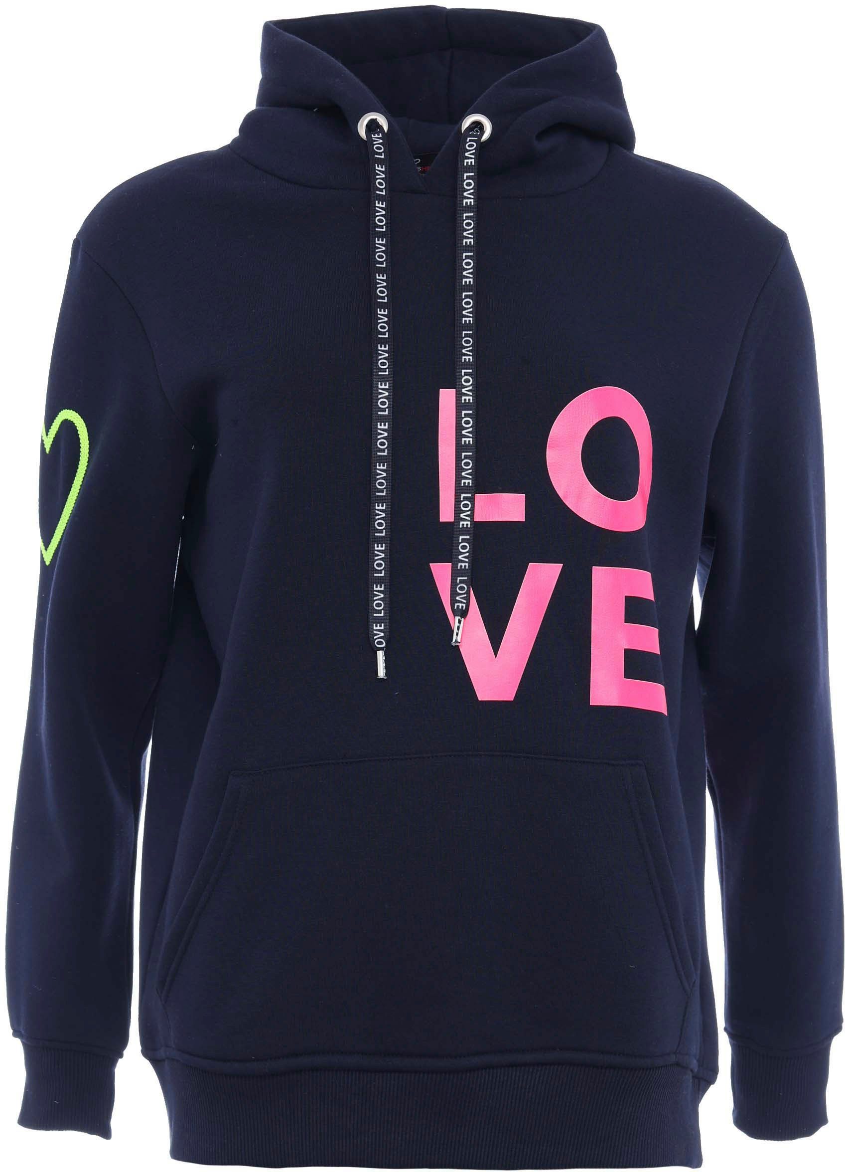 Zwillingsherz Kapuzensweatshirt mit gesticktem Neon Herz am Ärmel und "Love" Schriftzug auf Kordel – Bild 2 von 5