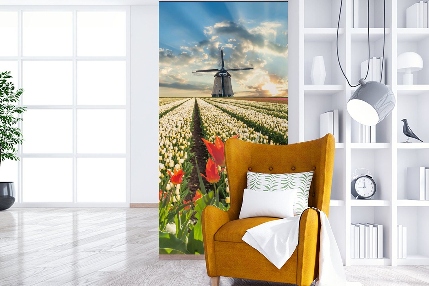 Matt, Tulpen für Fototapete - Natur, St), Schlafzimmer (2 Wohnzimmer Windmühle Vliestapete - MuchoWow Küche, - Fototapete Himmel bedruckt,