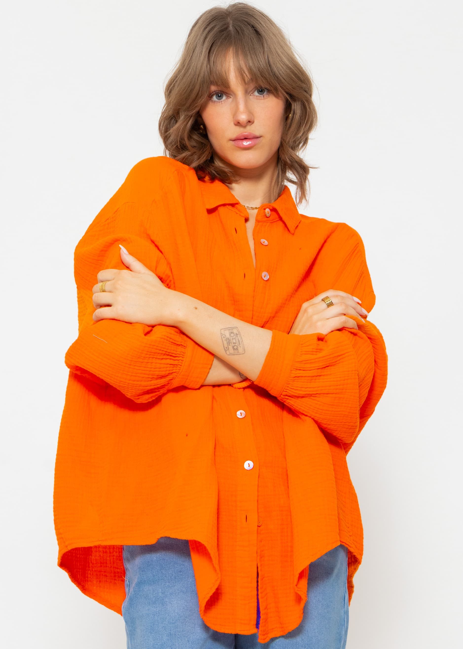 SASSYCLASSY Longbluse Oversize Musselin Bluse Damen günstig online kaufen