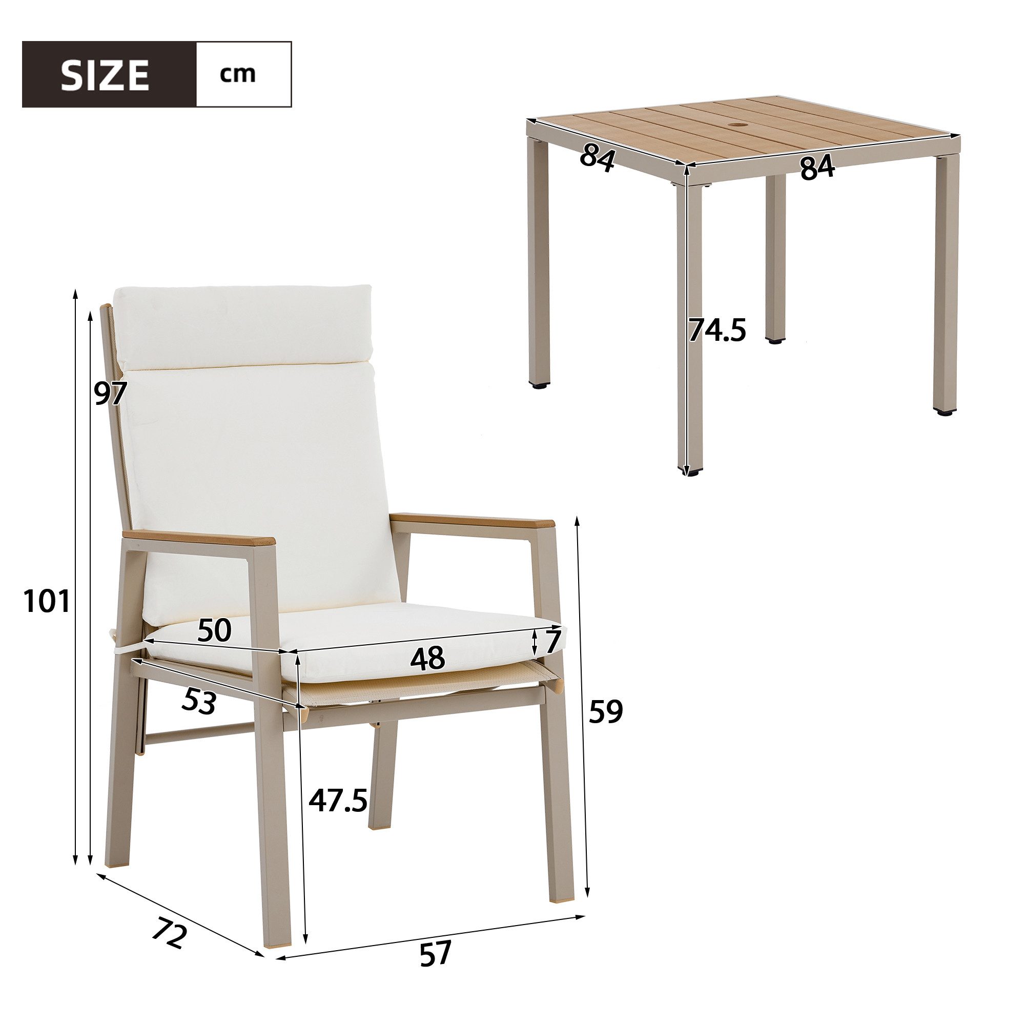 Ulife Garten-Essgruppe ür 6 Personen, bestehend aus 1 Tisch und 6 Stühlen, Massivholz + Beige, (7-tlg), stilvolle Optik sowie angenehme Atmungsaktivität