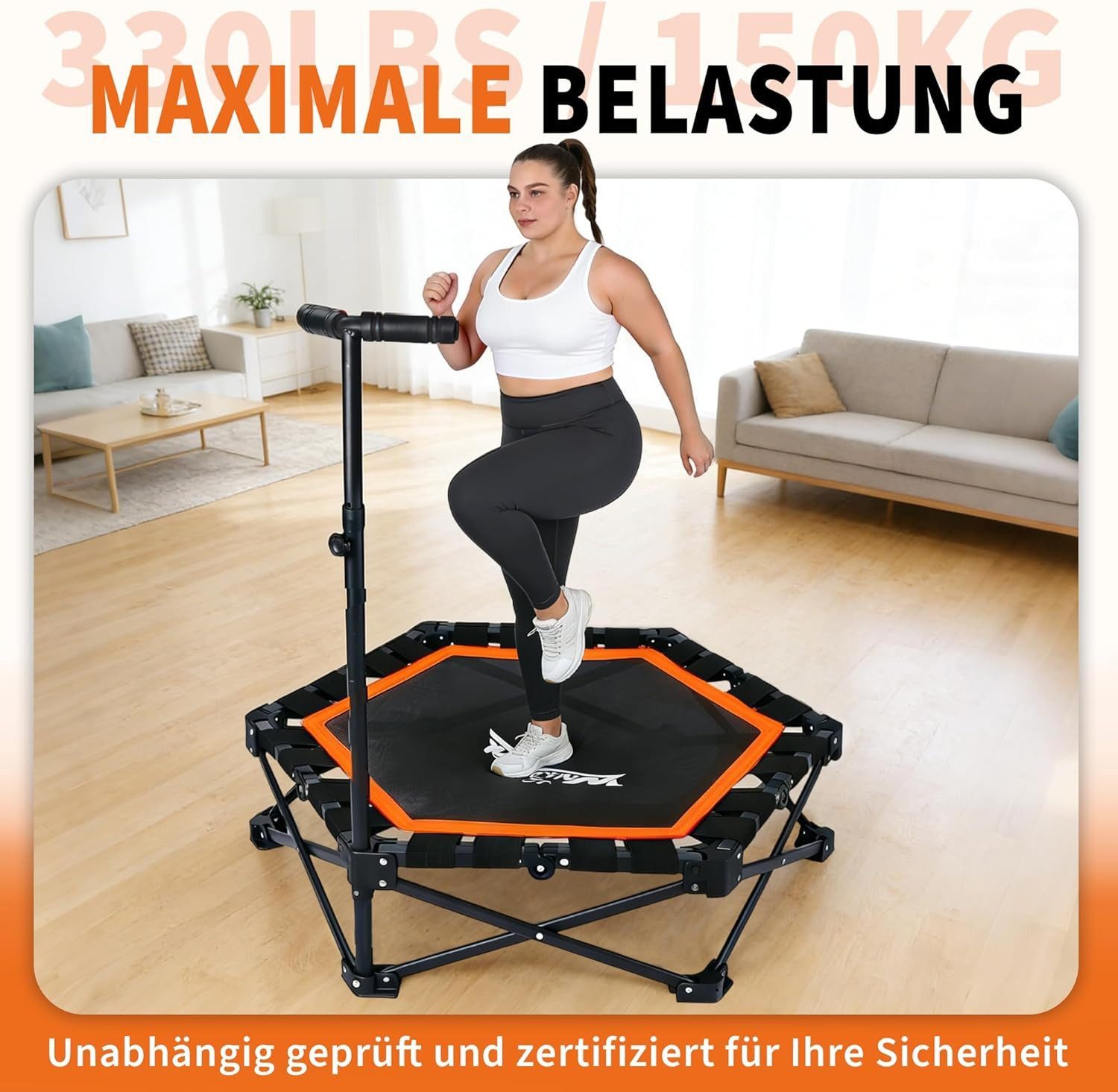 Nettlife Fitnesstrampolin klappbar Mini Trampolin höhenverstellbarem Griff bis 150 kg, Indoor Trampolin für Erwachsene & Kinder Sportgeräte für Zuhause