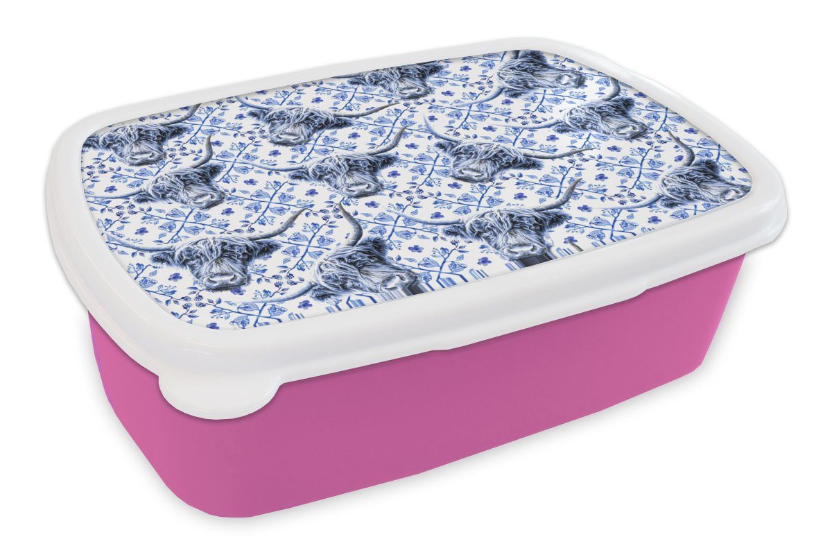 MuchoWow Lunchbox Schottischer Highlander Mädchen, Kinder, - für Snackbox, Kunststoff (2-tlg), Kunststoff, Delfter Erwachsene, - Brotdose rosa Muster, Blau Brotbox