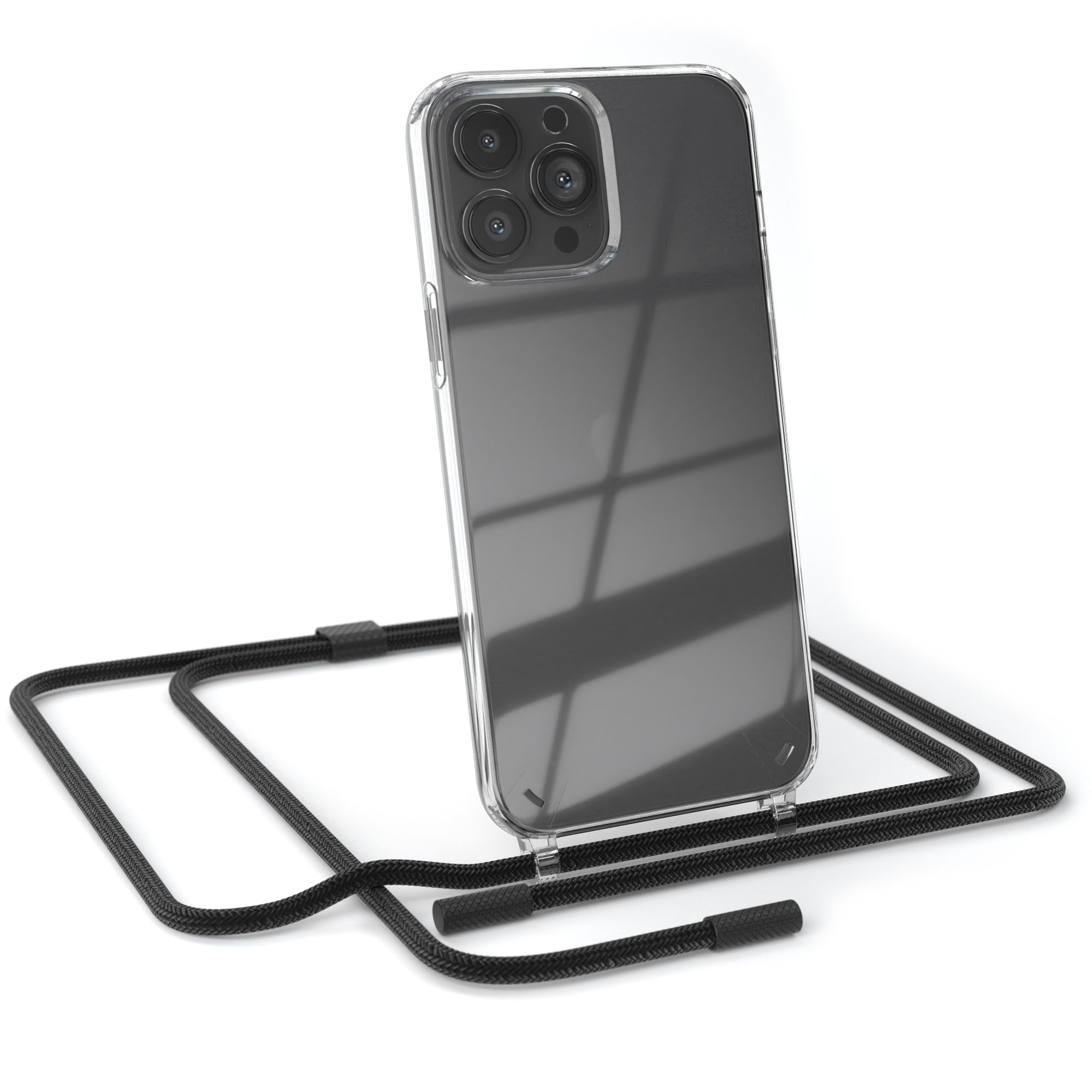 EAZY CASE Handykette Silikon Kette Unifarbe für iPhone 13 Pro Max 6,7 Zoll, Smartphonekette Cover Silikonhülle Umhängetasche Necklace Schwarz
