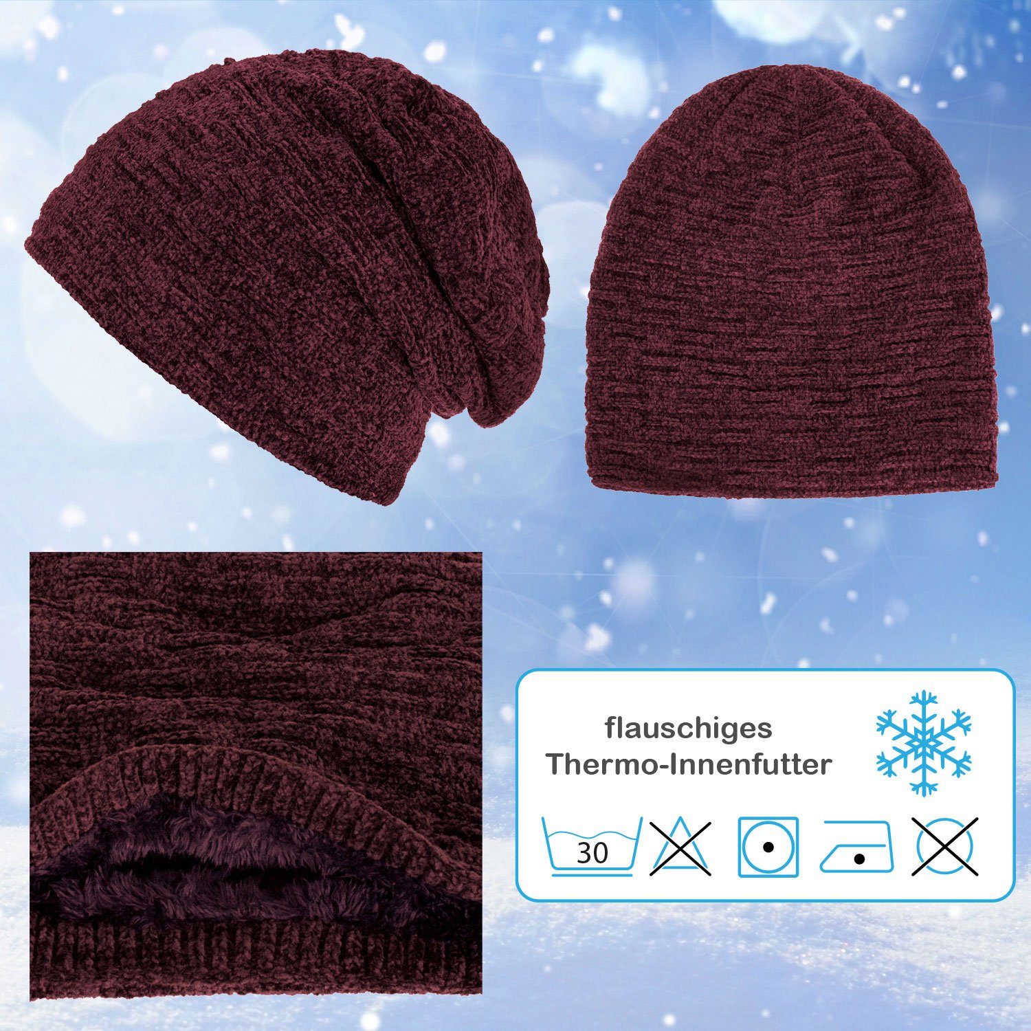 Beanie Damen Samt und Wintermütze Herren gefütterte dunkelrot Strickmütze (1-St) Warm Strickmütze compagno