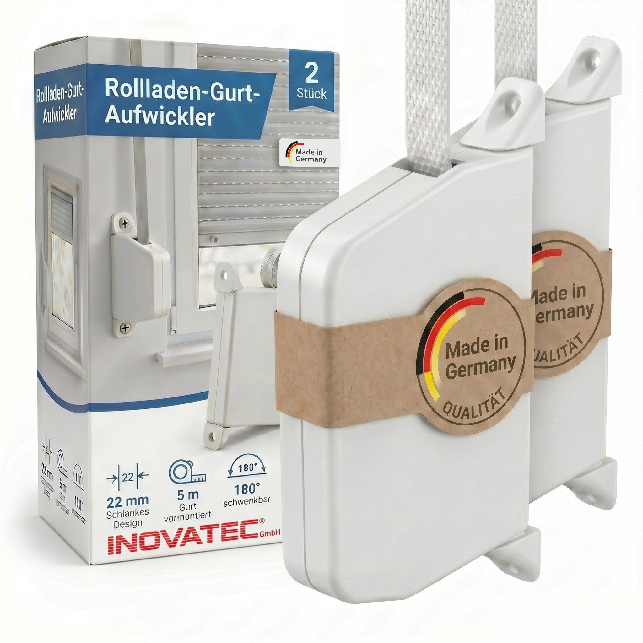 Inovatec Aufputz-Gurtwickler Rollladen Aufschraubwickler Mini + 5 m Gurtband, Gurtbreite 14 mm, 2-tlg.
