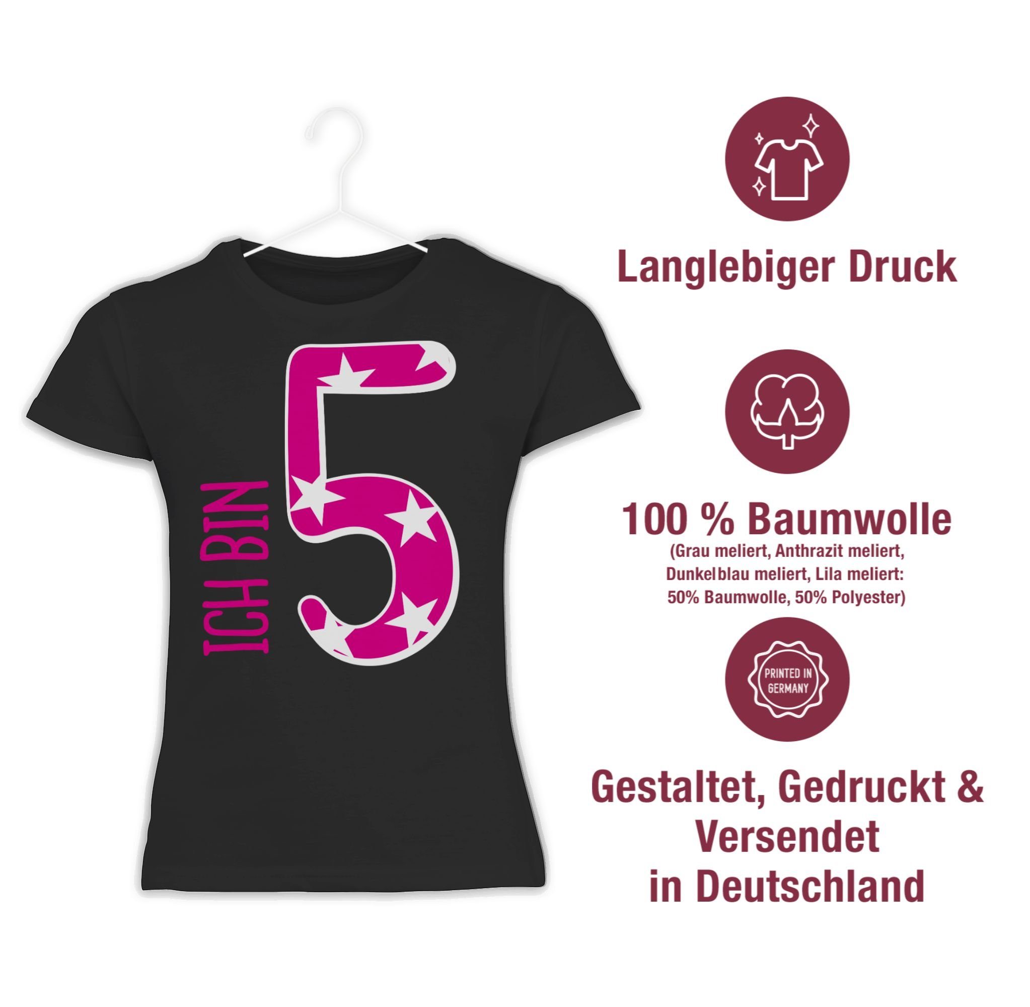 Geburtstag T-Shirt Schwarz Mädchen fünf Ich Shirtracer Rosa 2 bin 5.