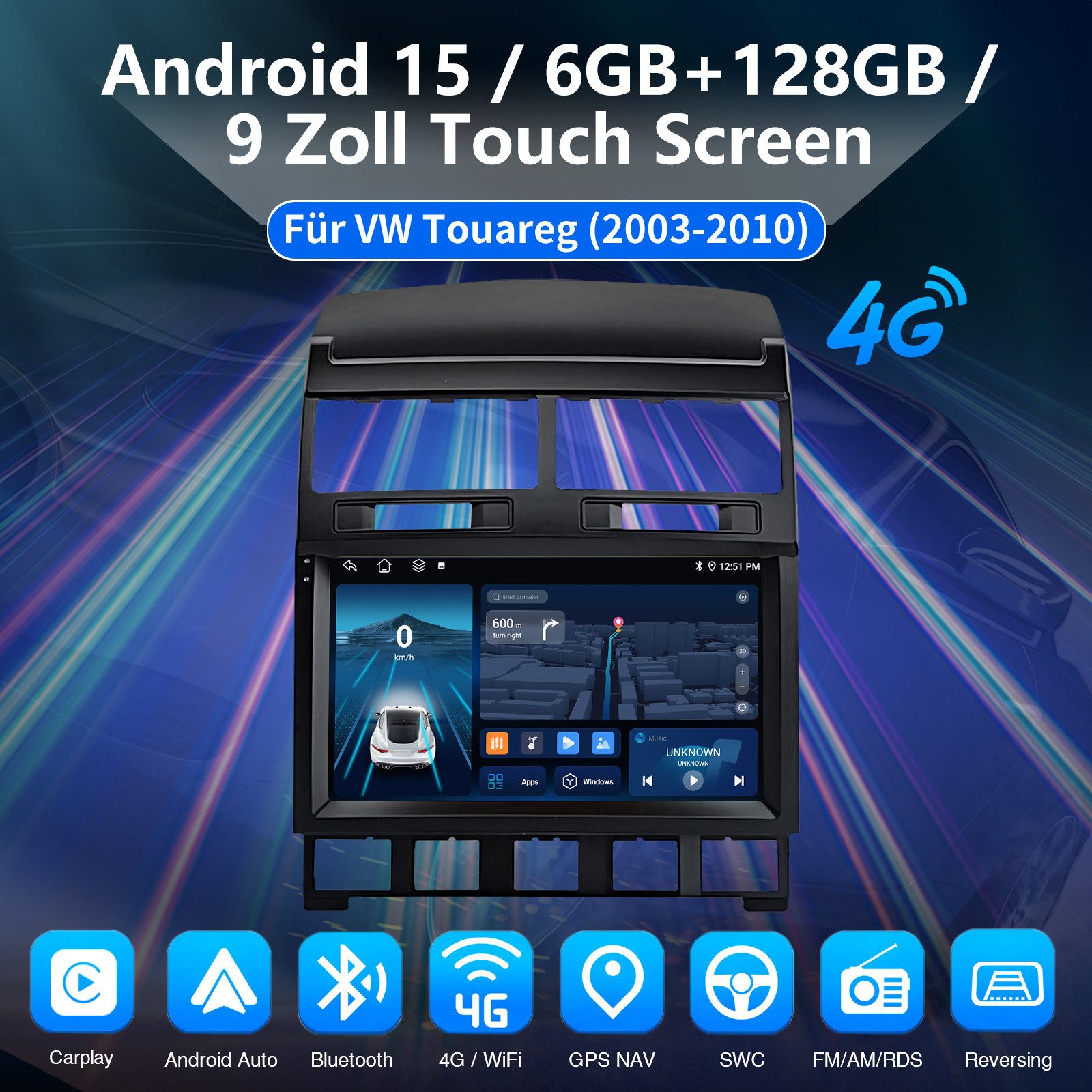 ESSGOO 6+128G Für VW Touareg 7L 2003-10 Autoradio CarPlay Android 15 GPS Navi Autoradio (6GB+128GB, RDS, 4G LTE, Digitalradio (DAB), FM, AM, Carplay Android Auto Bluetooth EQ USB GPS Navi WIFI Touchscreen)