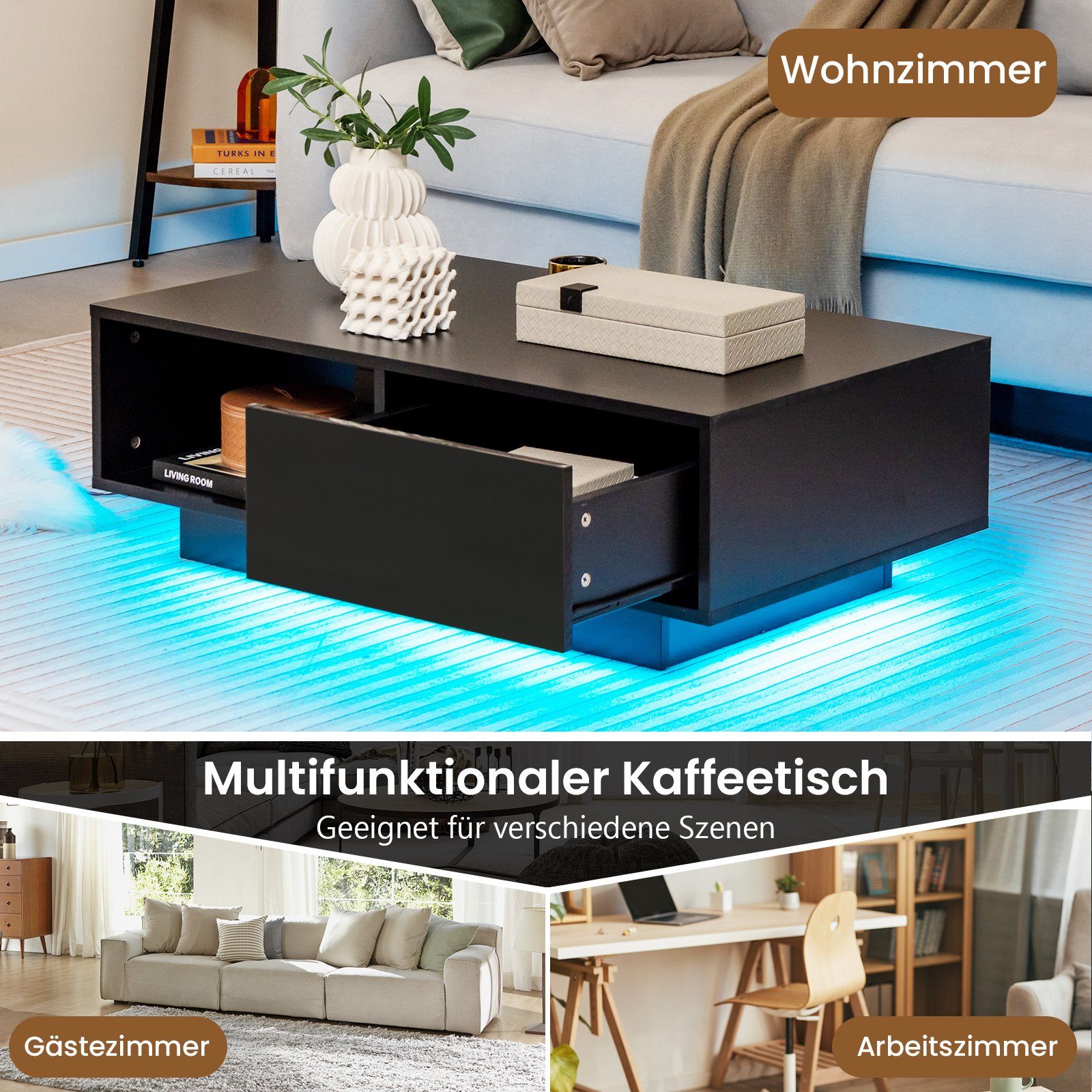 Fernbedienung, schwarz | Couchtisch, schwarz | mit COSTWAY LED-Beleuchtung, Schublade Farben schwarz 20