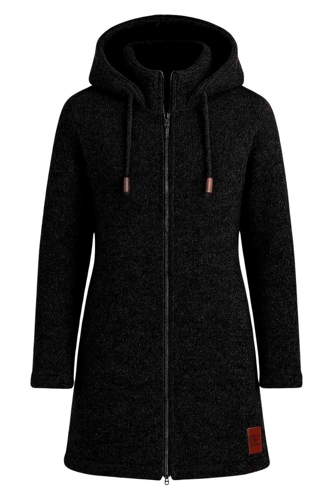 KUNST UND MAGIE Longstrickjacke Klassische Strickjacke Kurzmantel Wolle + Fleecefutter Kapuze Boho – Bild 3 von 5