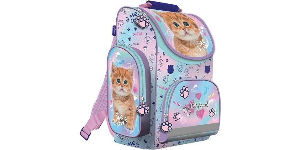 GOLDKIDS Schulranzen für Jungen und Mädchen - (Schul-Rucksack für Kinder mit Federmäppchen, 1-tlg., - Schuhbeutel und Hausaufgabenheft), - Katze Motiv - 1-3 Klasse